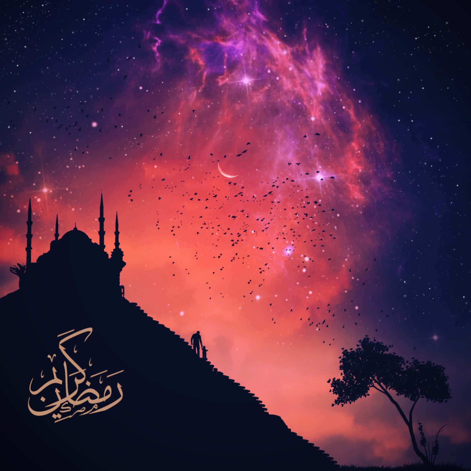Ramadan Night Skyline Aesthetic, mosque silhouette, vibrant cosmic sky, HD Desktop Wallpaper