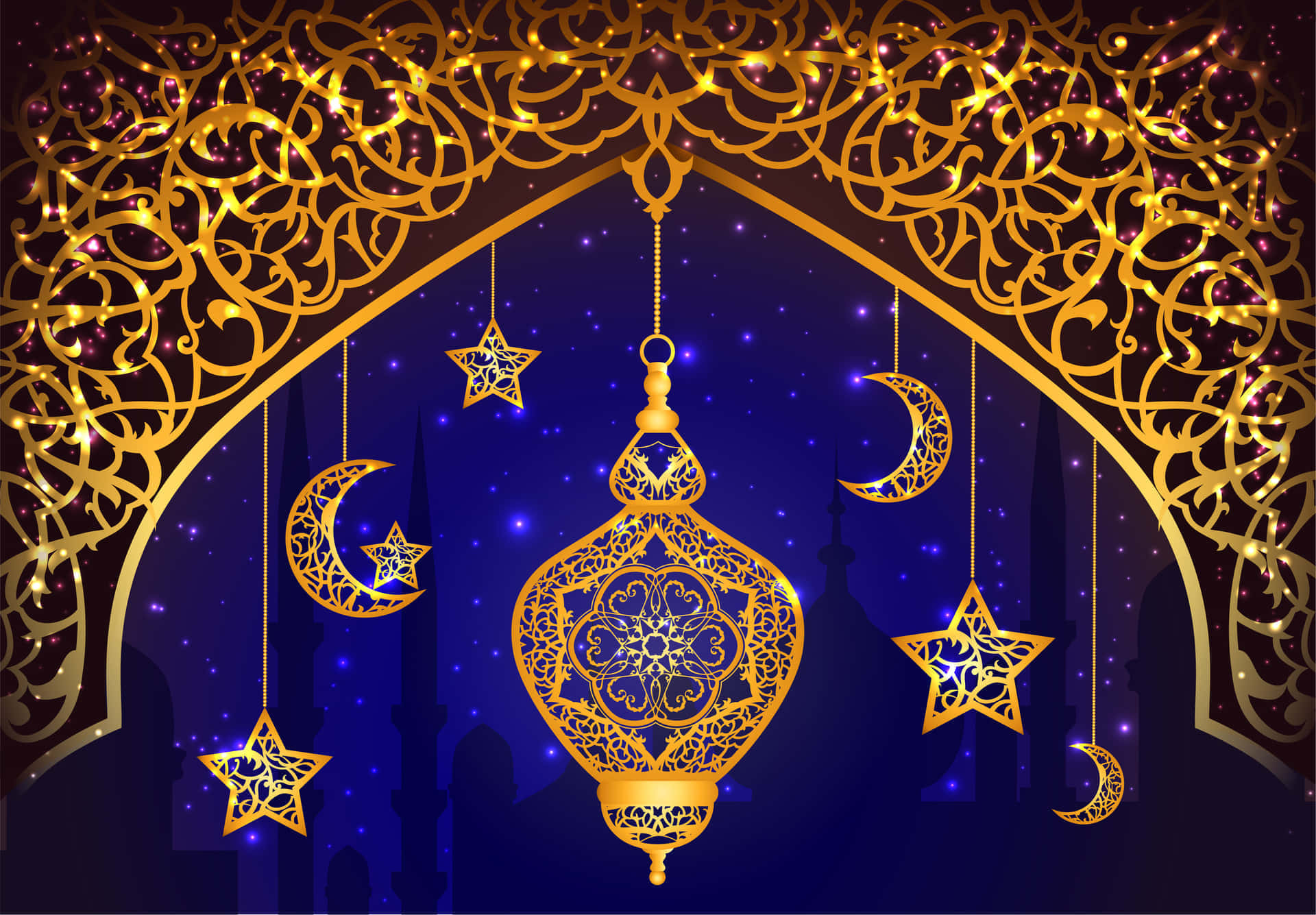 Ramadan, golden ornate lantern, crescent moons, Full HD Desktop Wallpaper