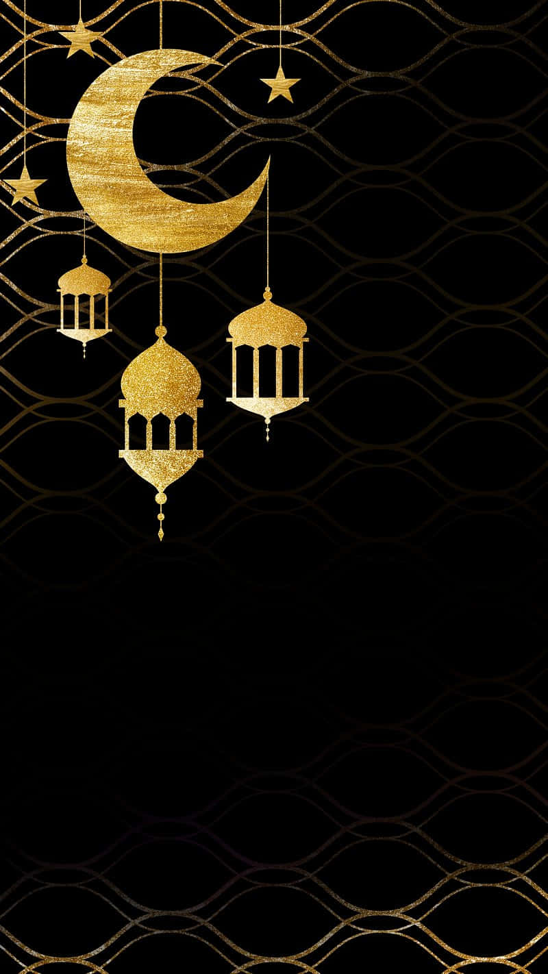 golden crescent moon, ornate lanterns, black background, HD Phone Wallpaper