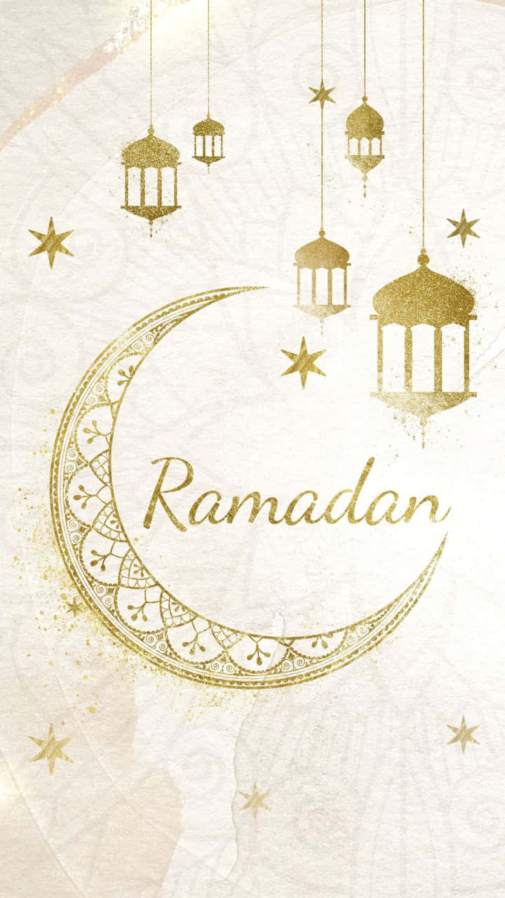 Golden Ramadan crescent moon, hanging lanterns, stars, SD Phone Wallpaper