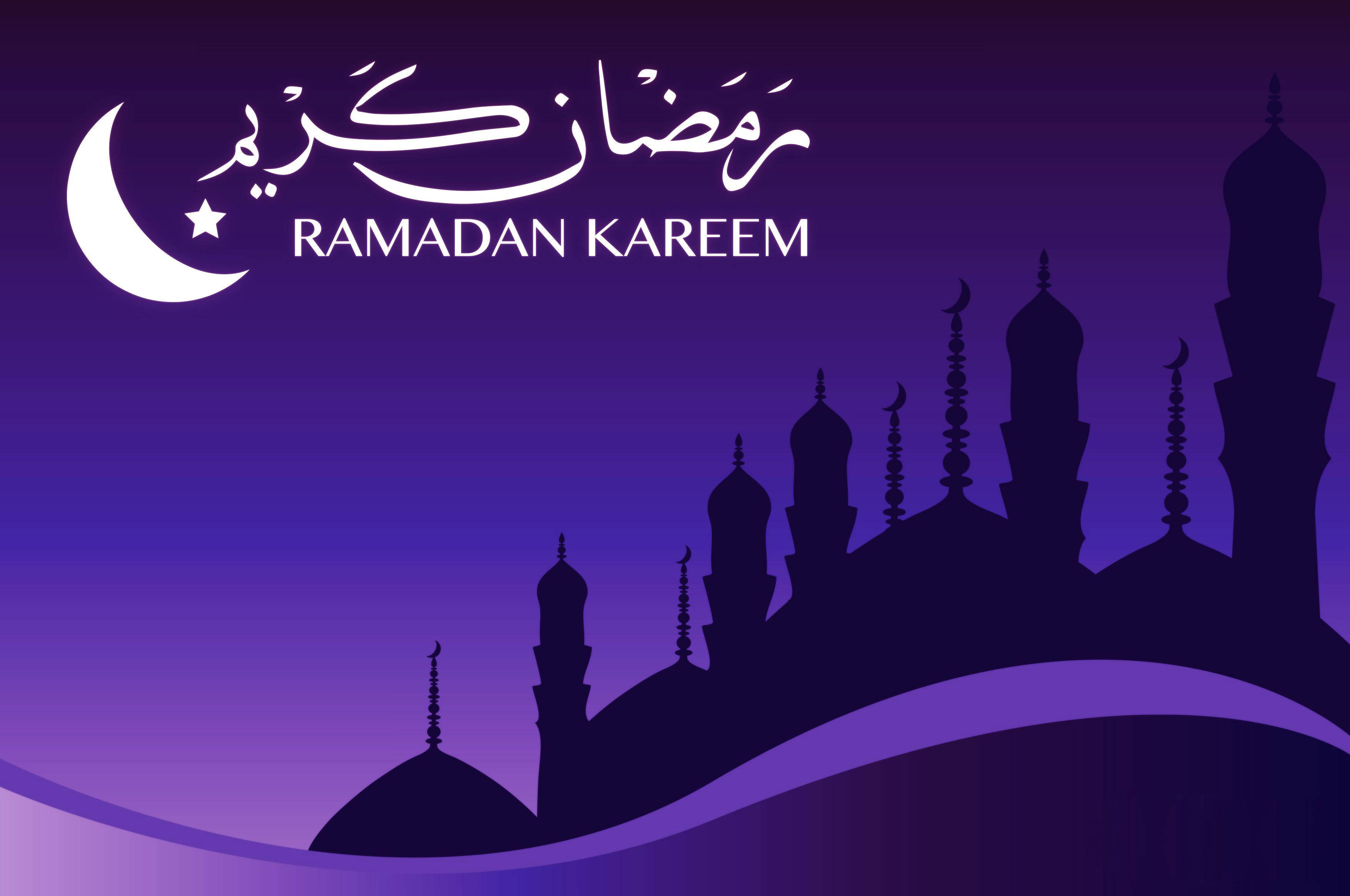 purple Ramadan Kareem silhouette, mosque domes, minarets, 2K Desktop Wallpaper