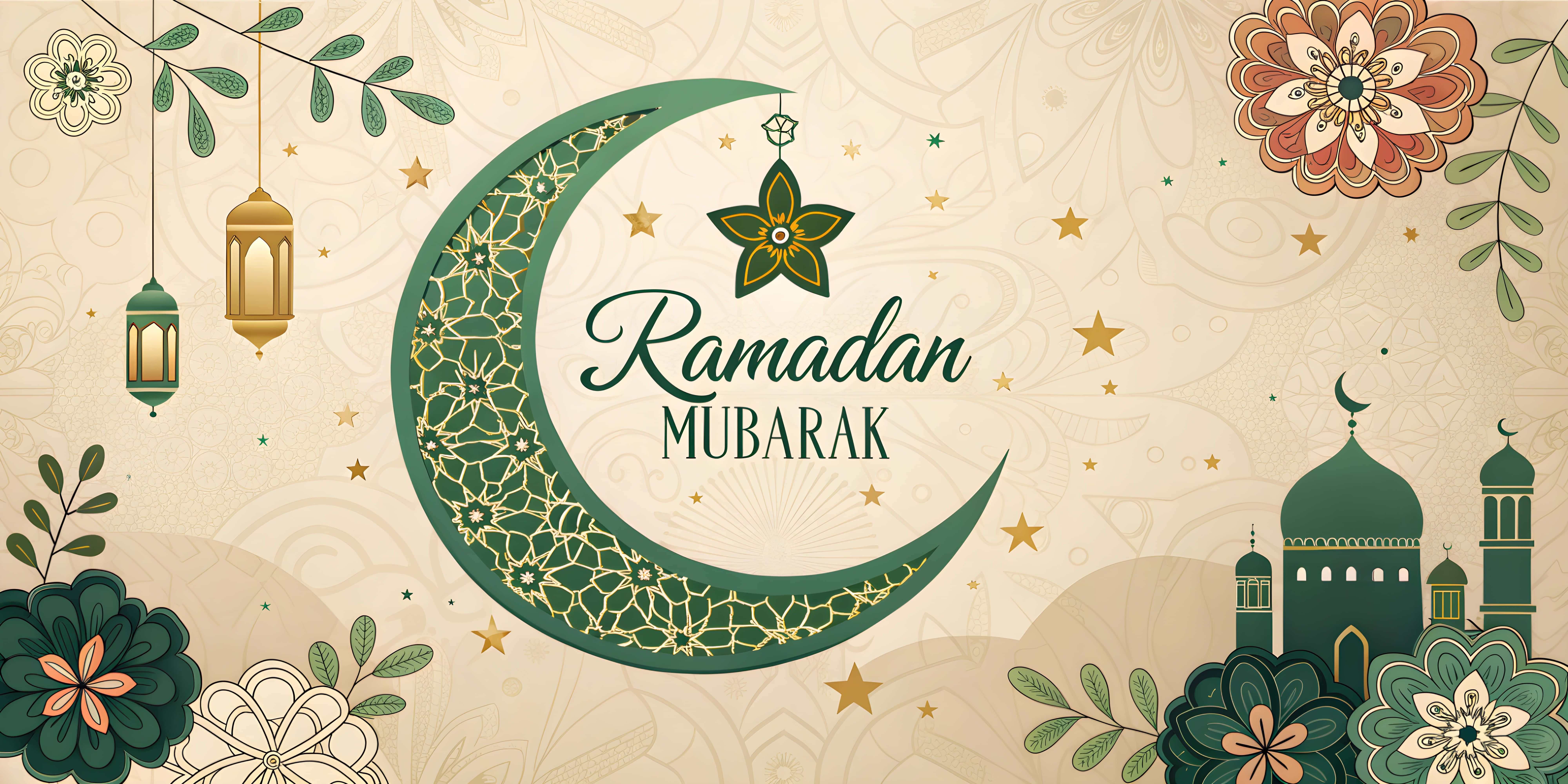 Ramadan Mubarak, green crescent moon, intricate patterns, 8K Desktop Wallpaper