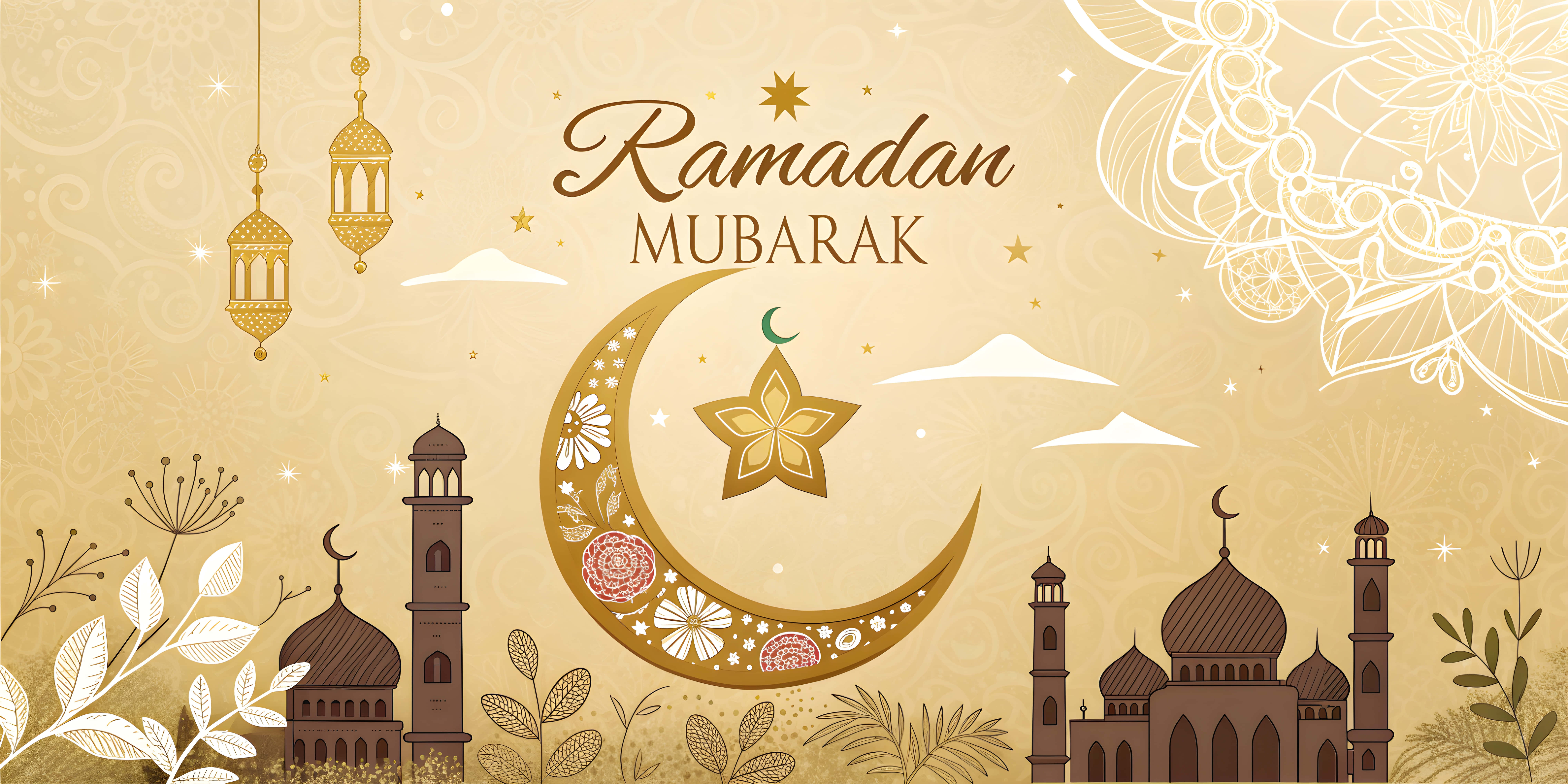 Ramadan Mubarak, crescent moon, floral patterns, 8K Desktop Wallpaper