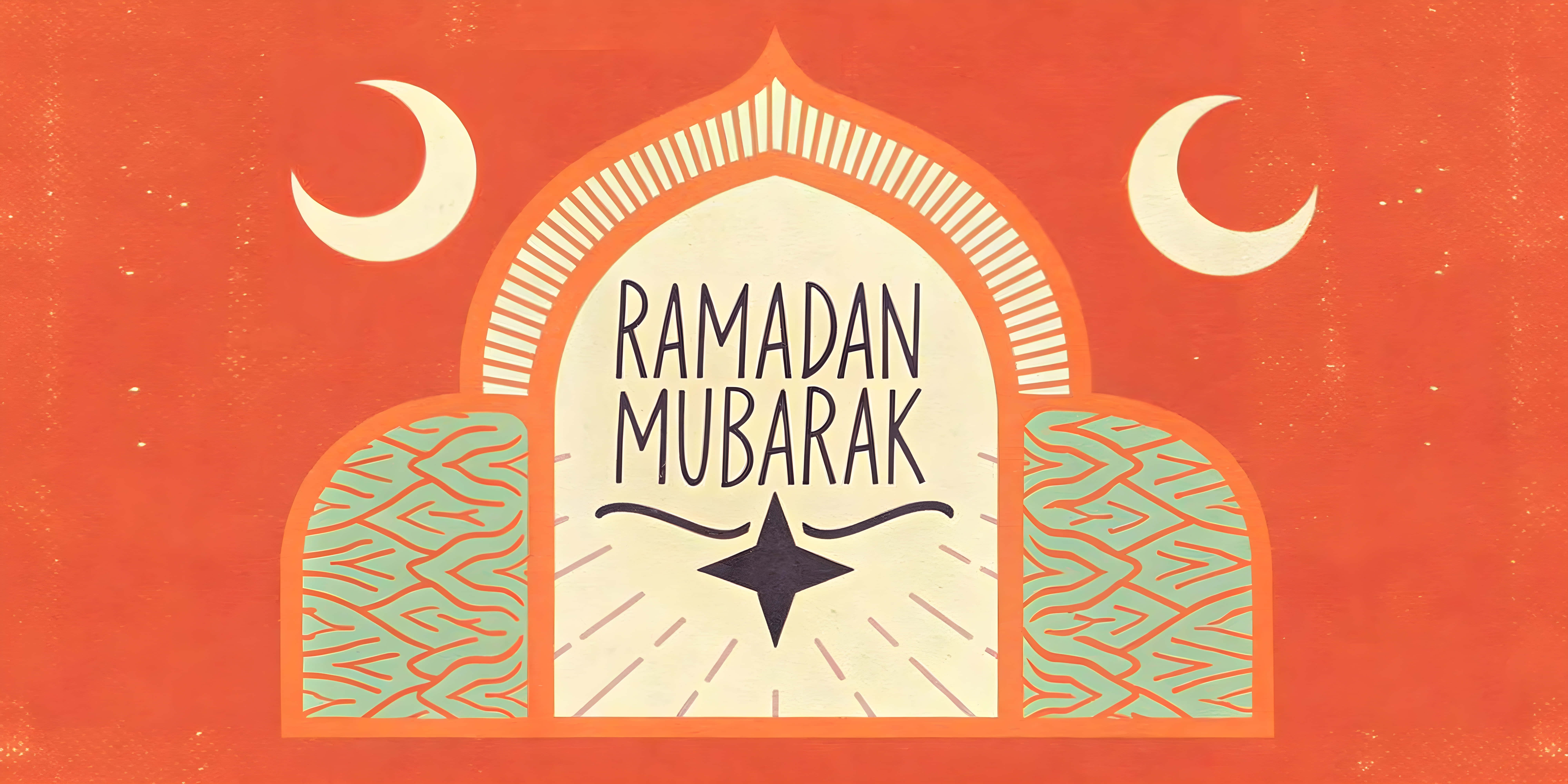 Ramadan Mubarak, crescent moons, textured orange background, 8K Desktop Wallpaper