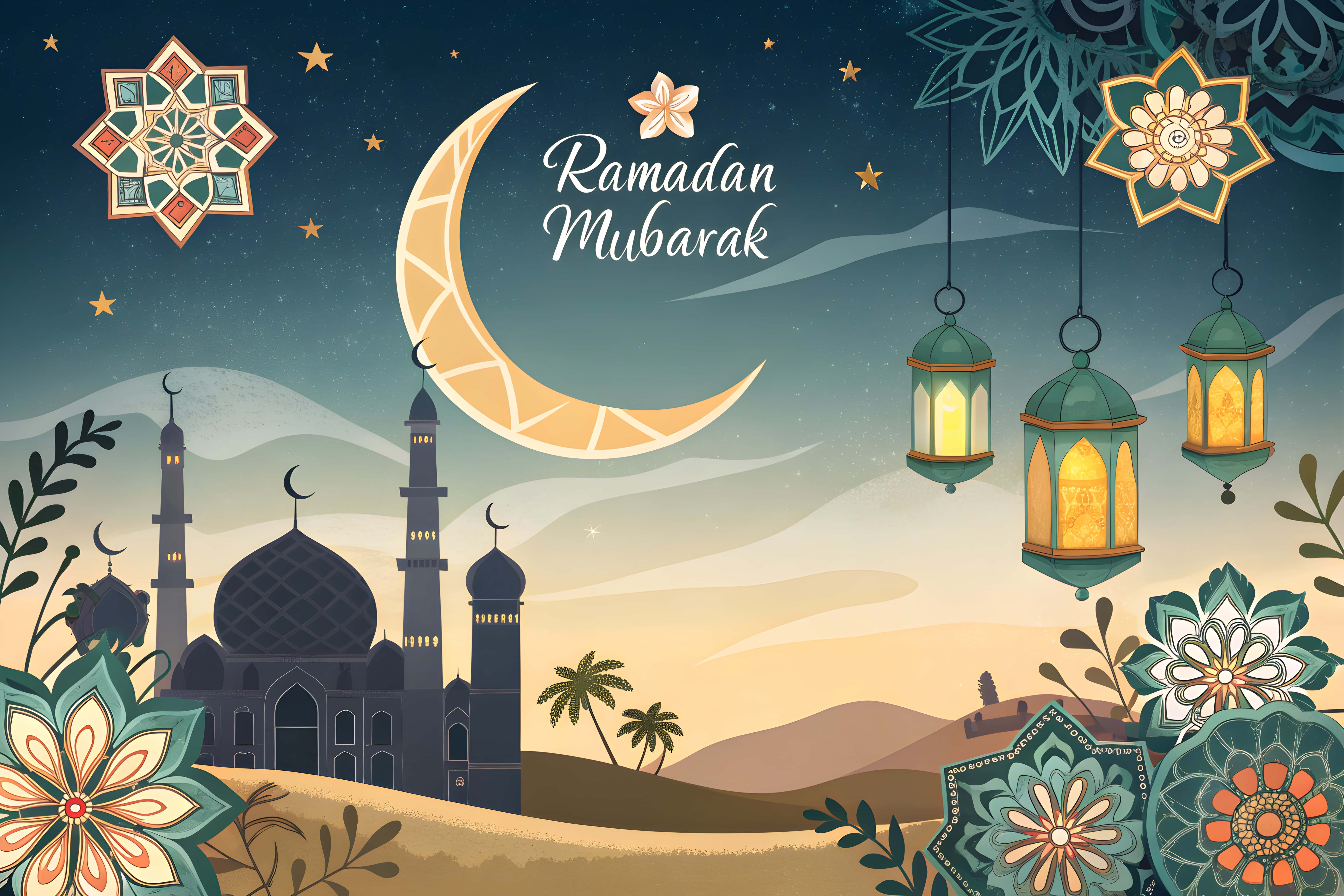 Ramadan Mubarak, crescent moon, mosque, 5K Desktop Wallpaper