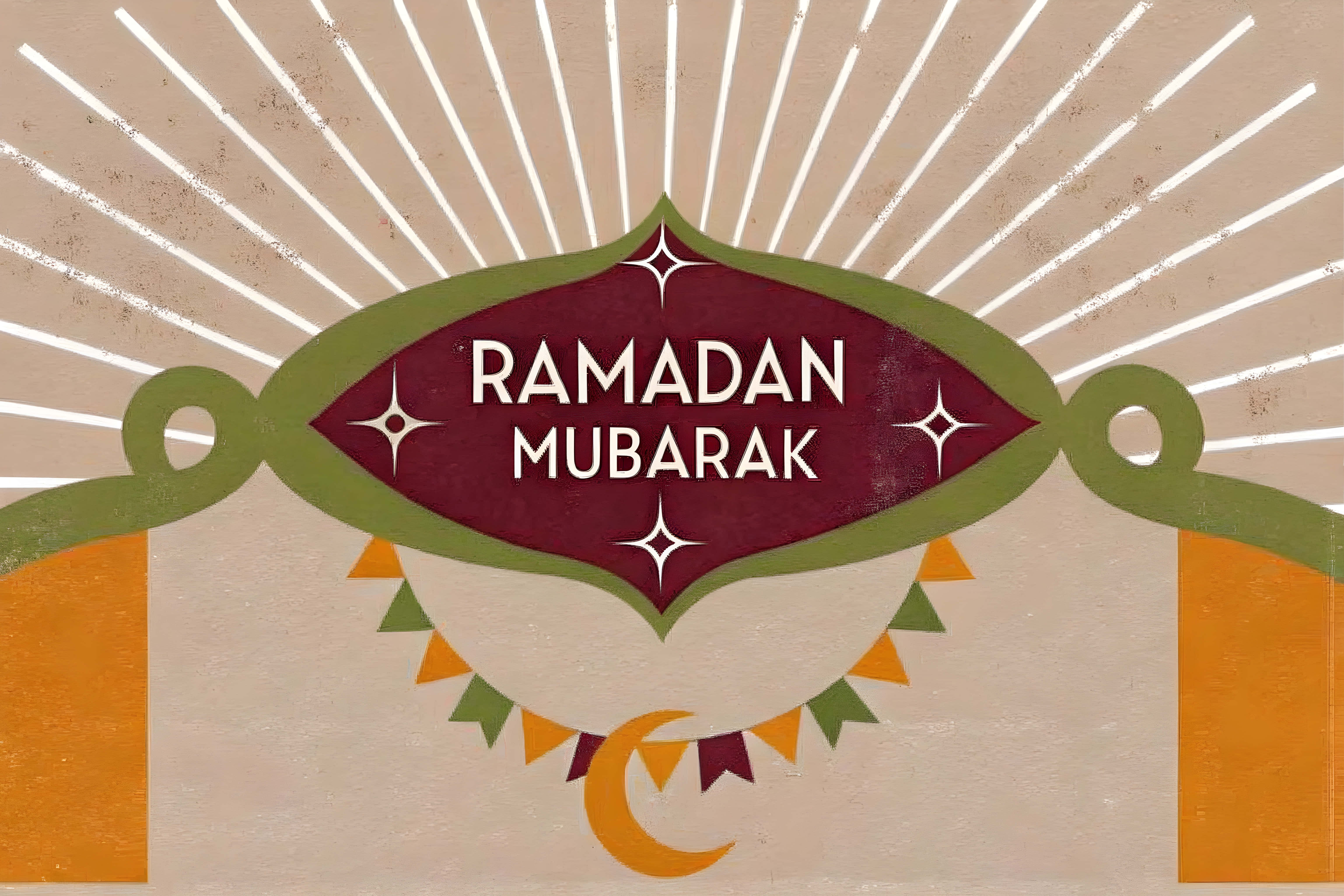 Ramadan Mubarak, maroon banner, green borders, 5K Desktop Wallpaper