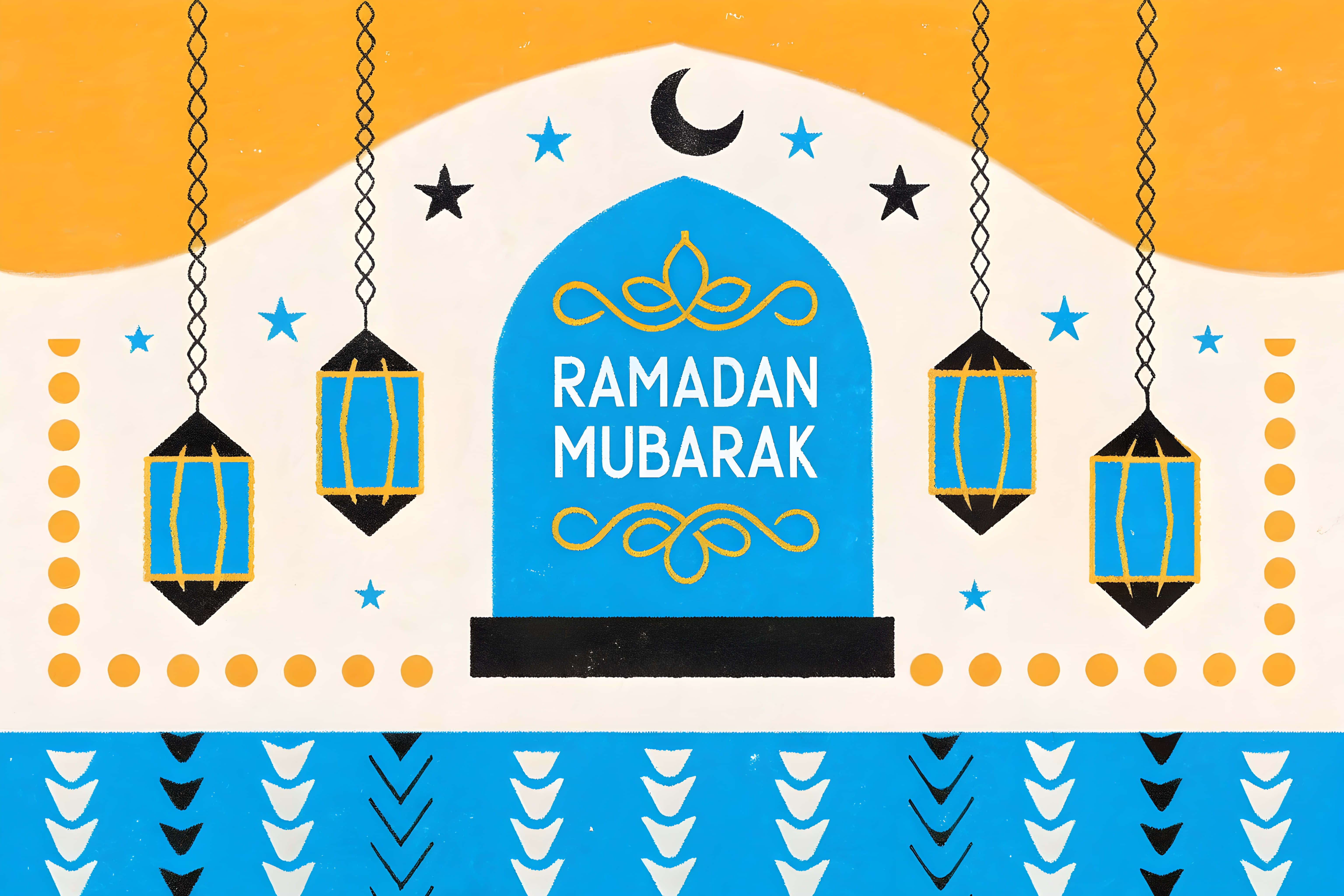 Ramadan Mubarak, blue lanterns, crescent moon, 5K Desktop Wallpaper