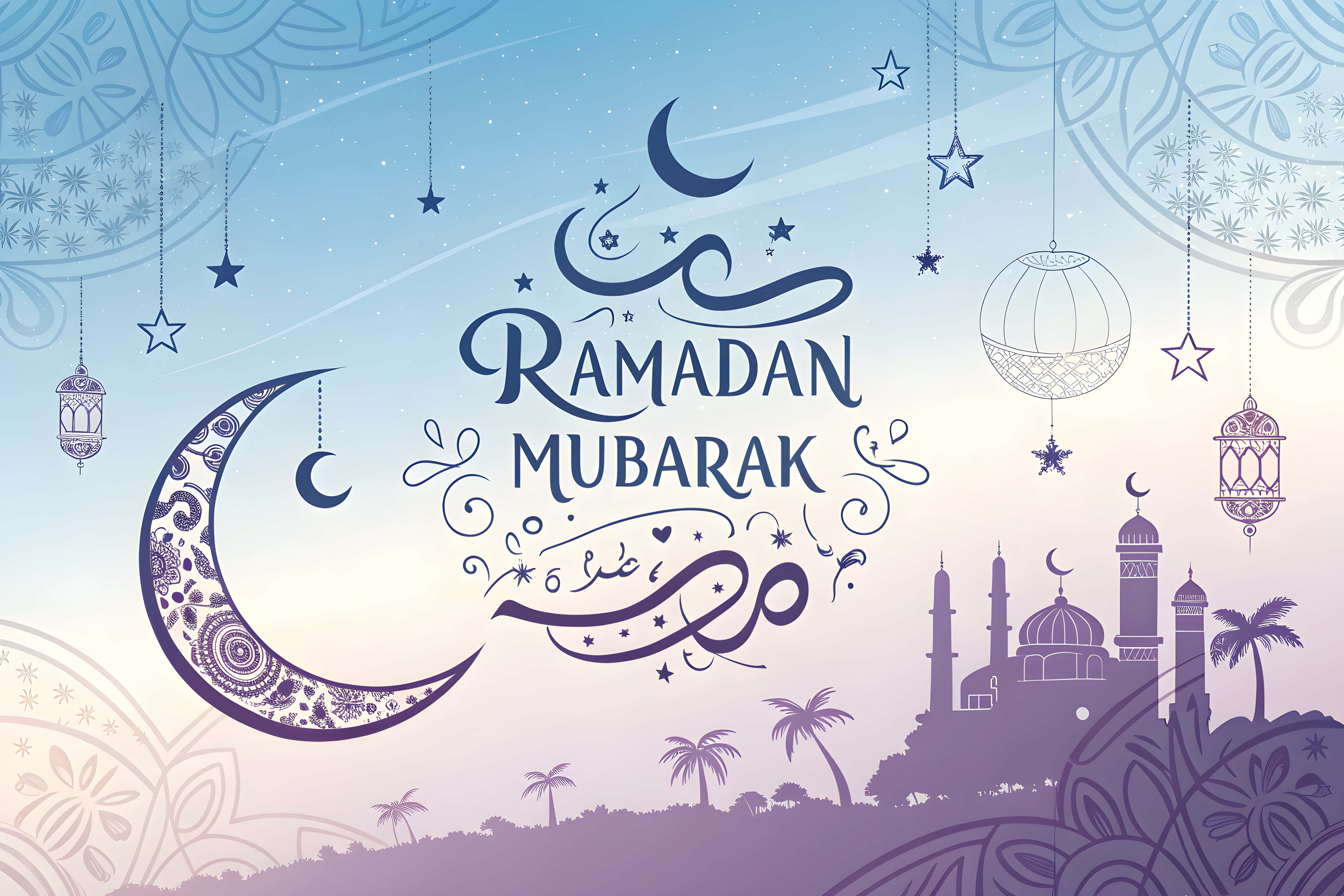 Ramadan Mubarak, crescent moon, lanterns, 5K Desktop Wallpaper