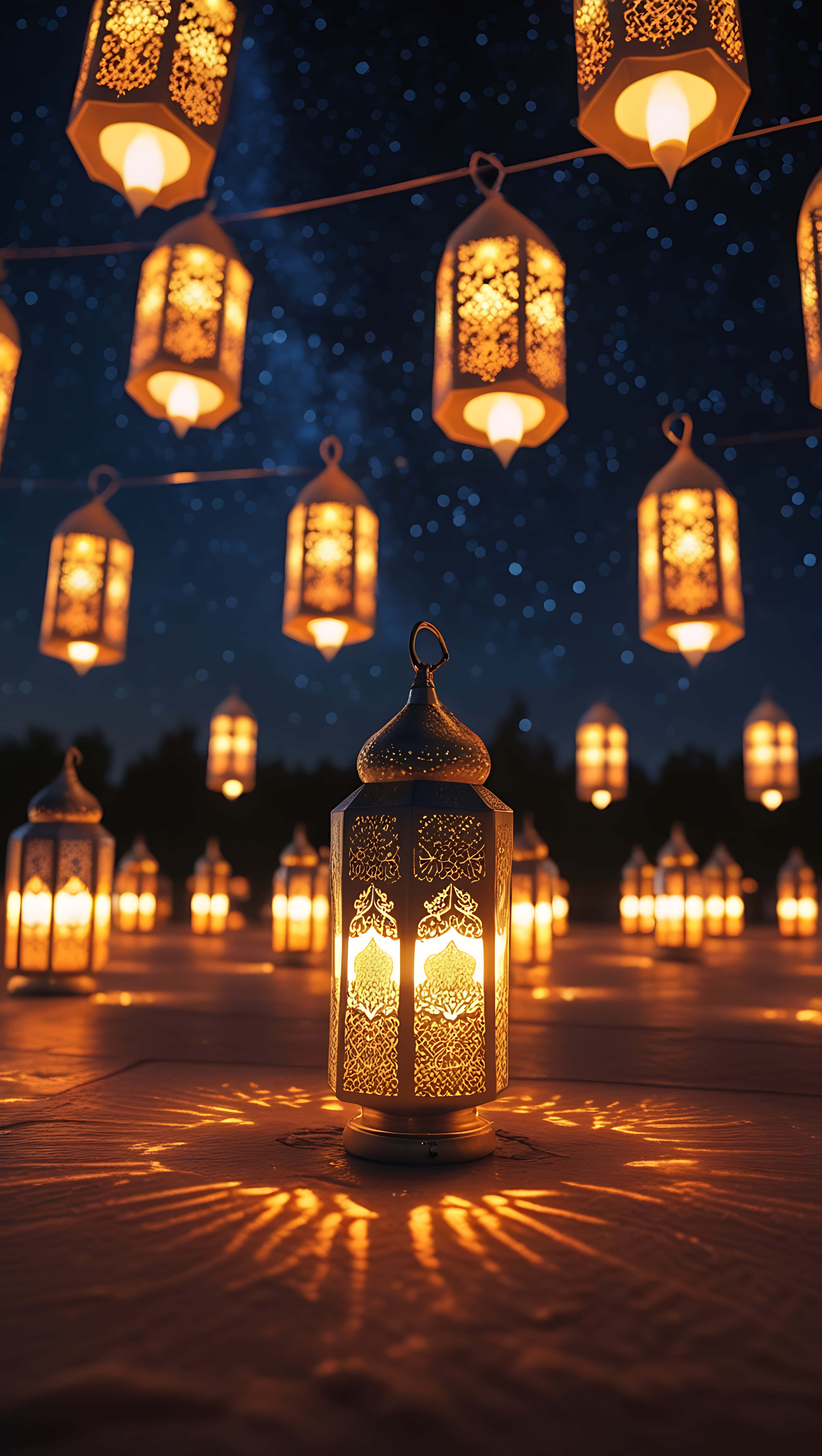 Ramadan Lights, golden ornate lanterns, starry night sky, 5K Phone Wallpaper