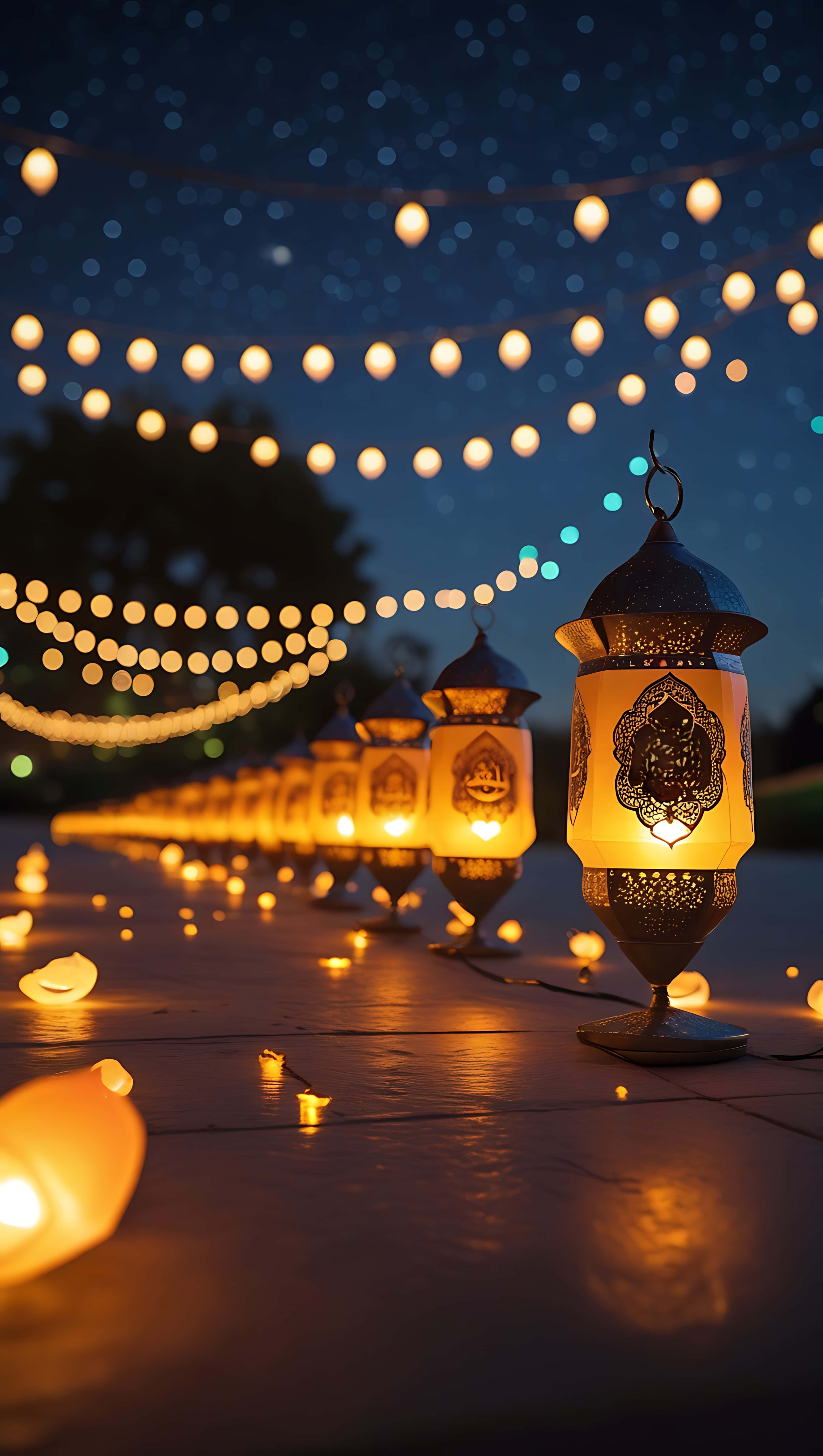 Ramadan Lights, glowing lanterns, tiled path, 5K Phone Wallpaper