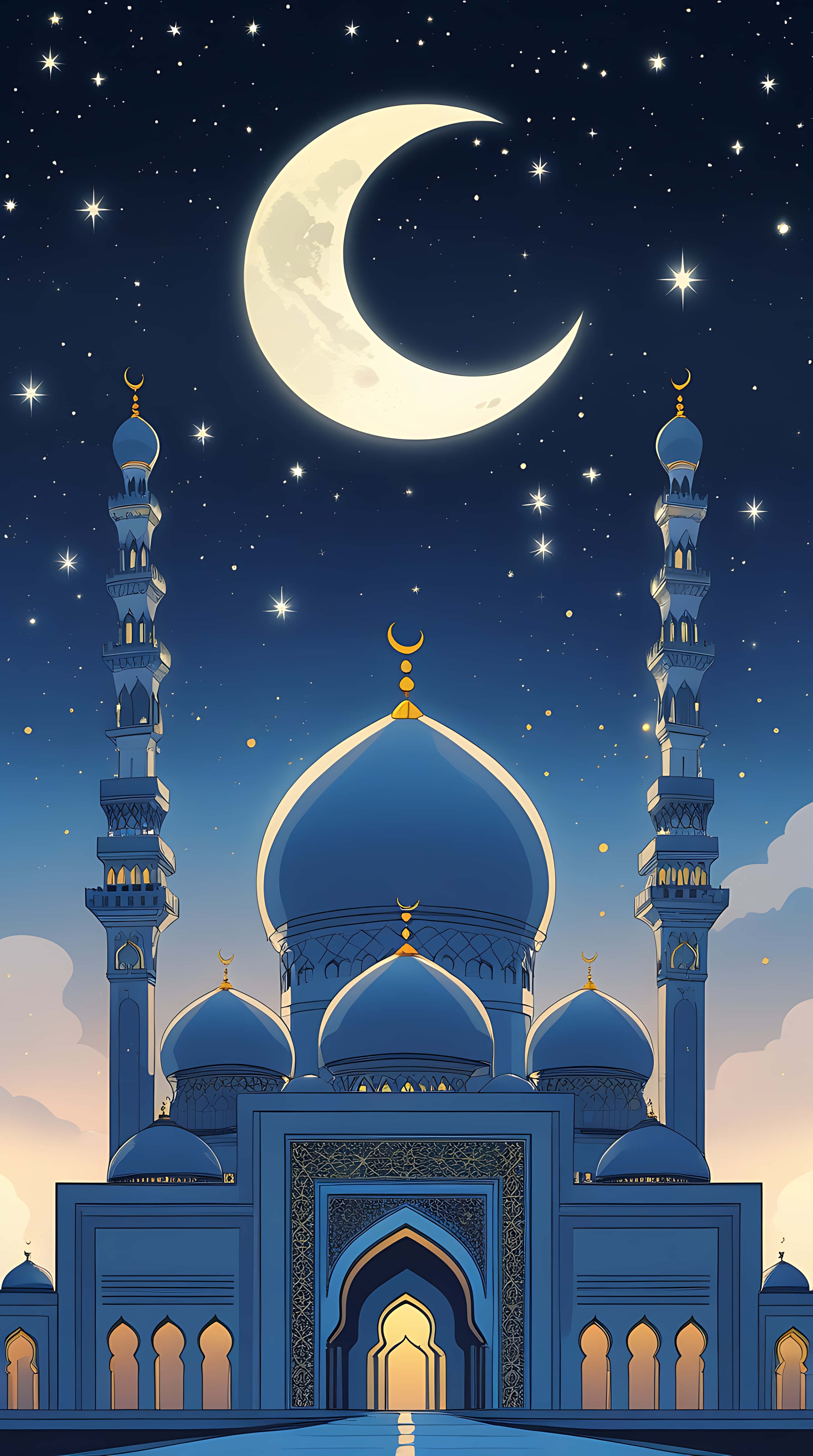 blue mosque, golden accents, crescent moon, 5K Phone Wallpaper