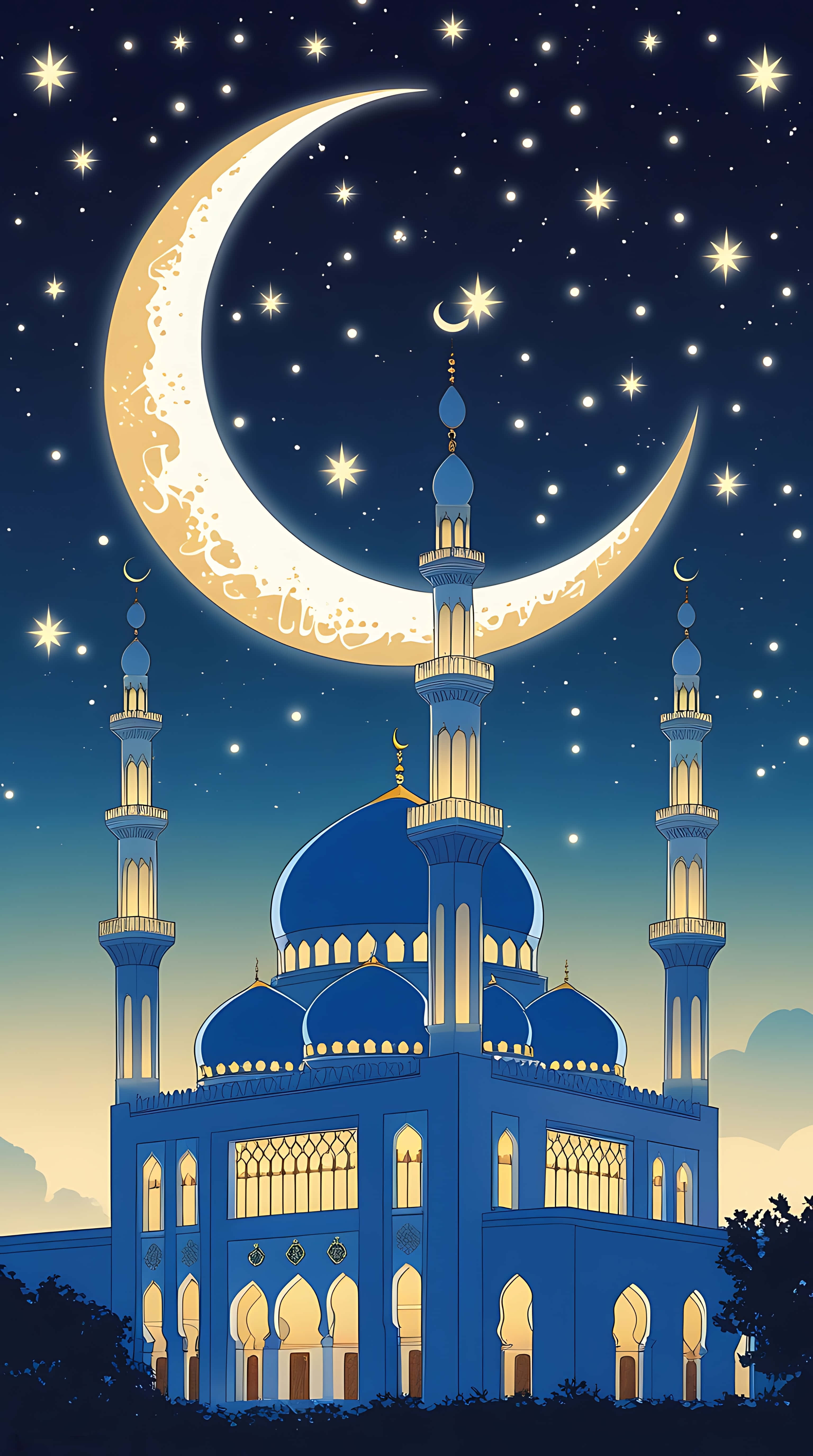 blue mosque, crescent moon, sparkling stars, 5K Phone Wallpaper