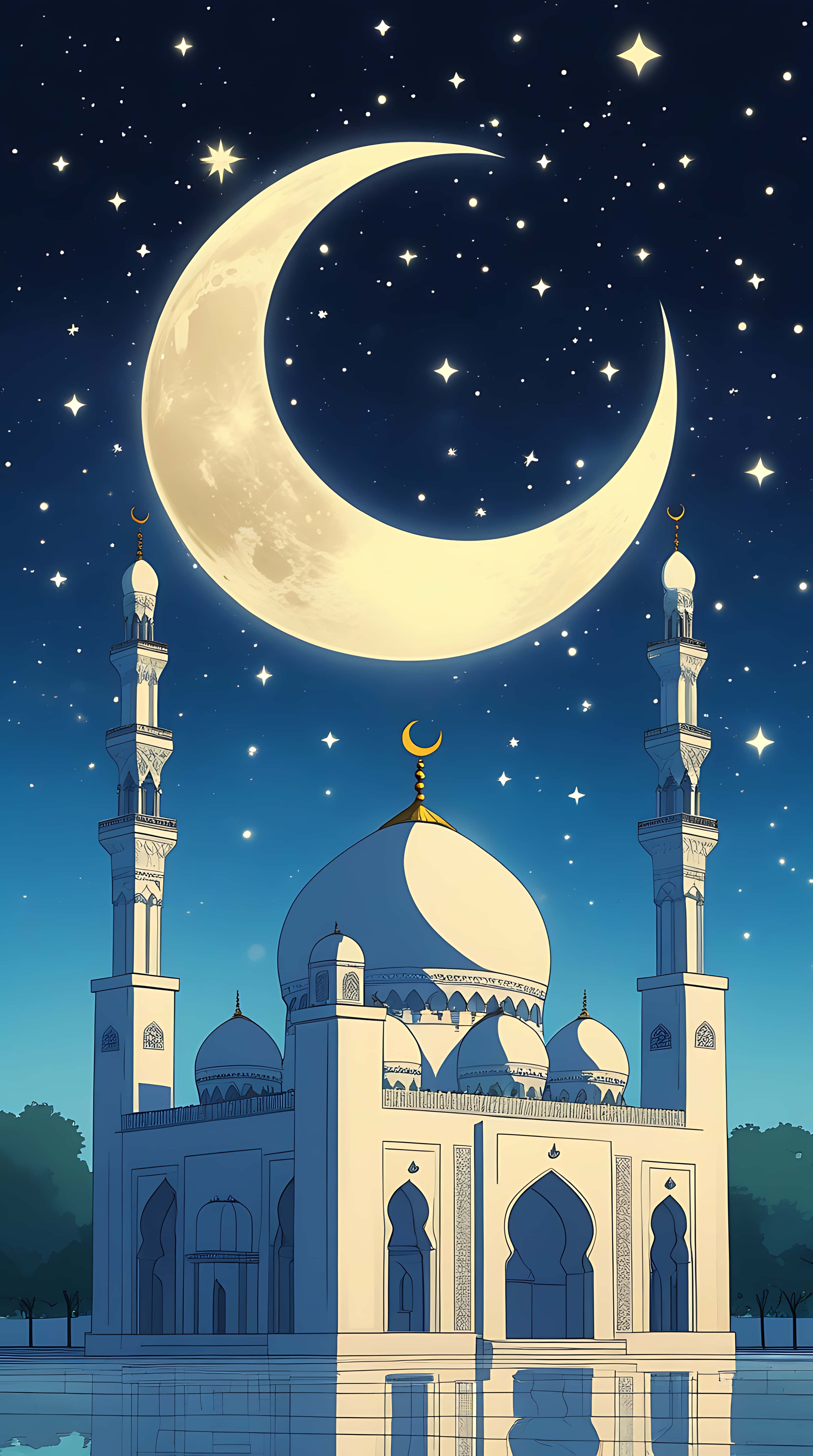 spiritual serenity, mosque, crescent moon, 5K Phone Wallpaper
