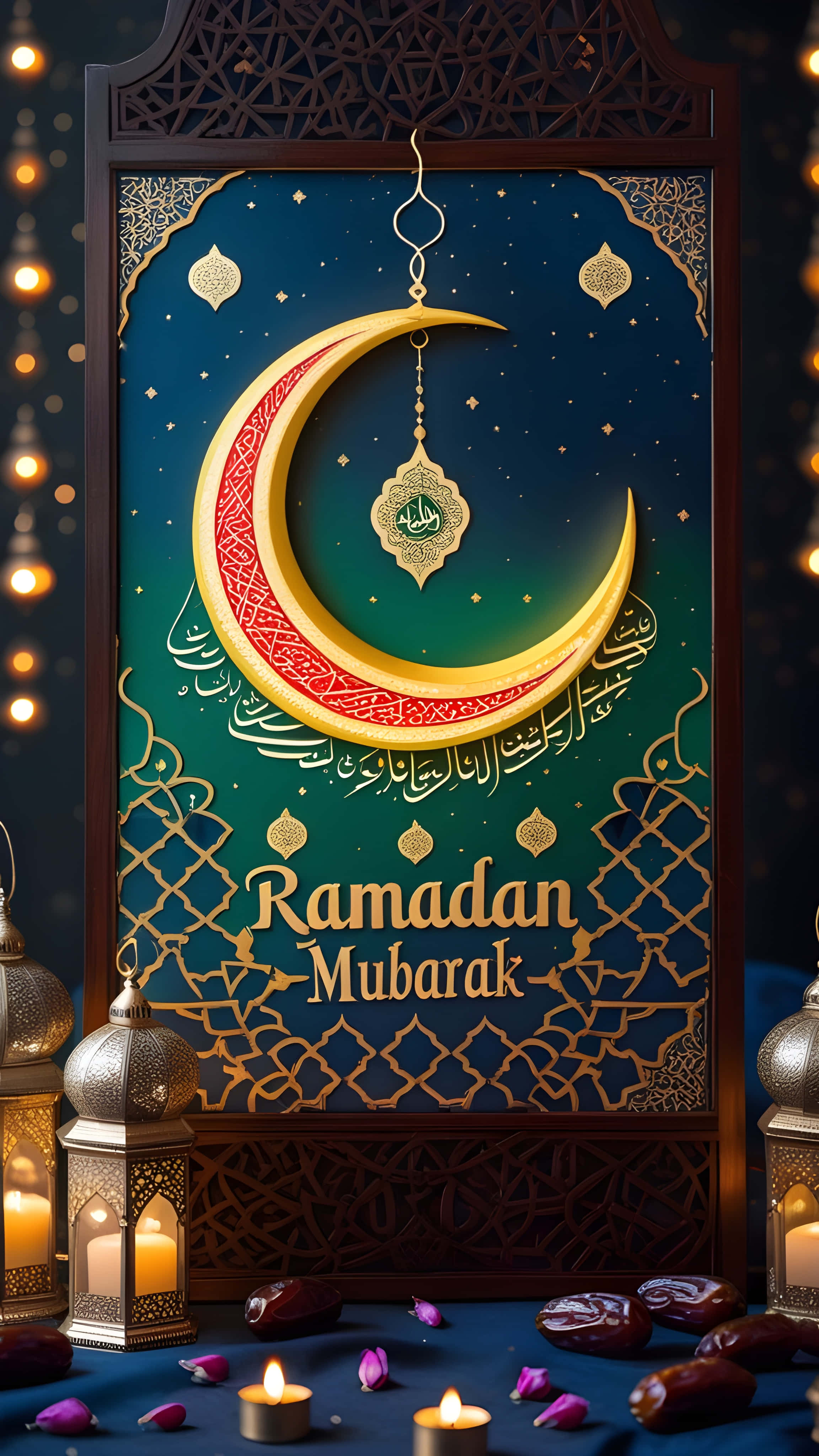 Ramadan Mubarak, glowing golden crescent moon, ornate Islamic panel, 4K Phone Wallpaper