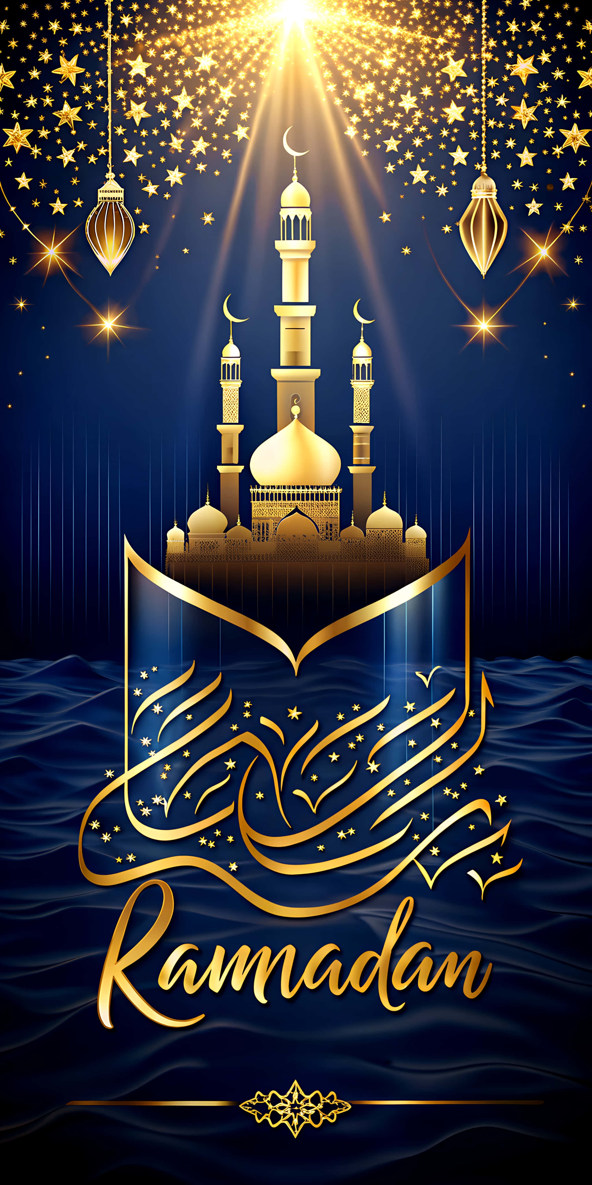mosque, golden and blue tones, starry night sky, 4K Phone Wallpaper