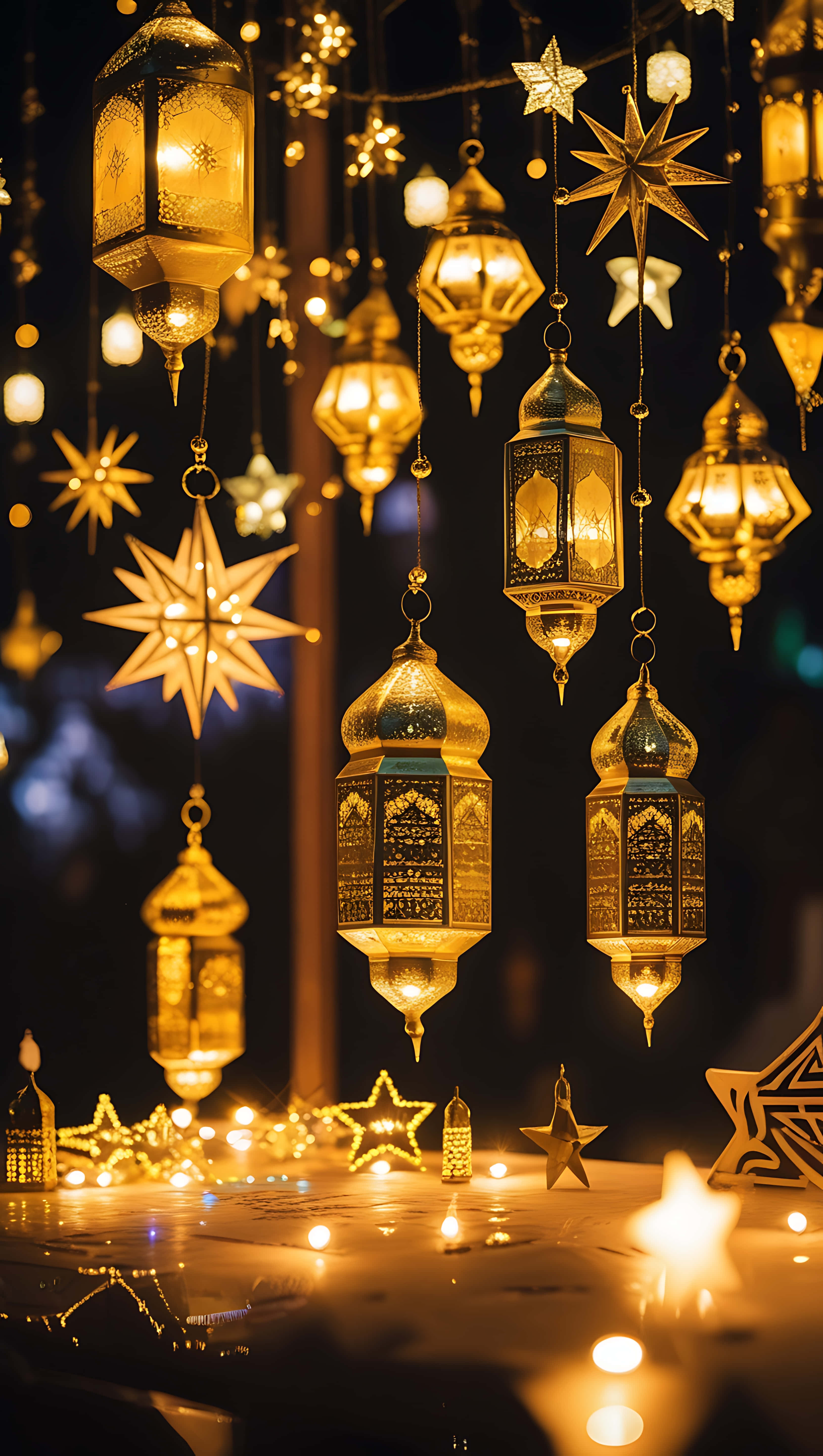 Golden Lights of Ramadan, hanging lantern celebration, golden ornate lanterns, 5K Phone Wallpaper
