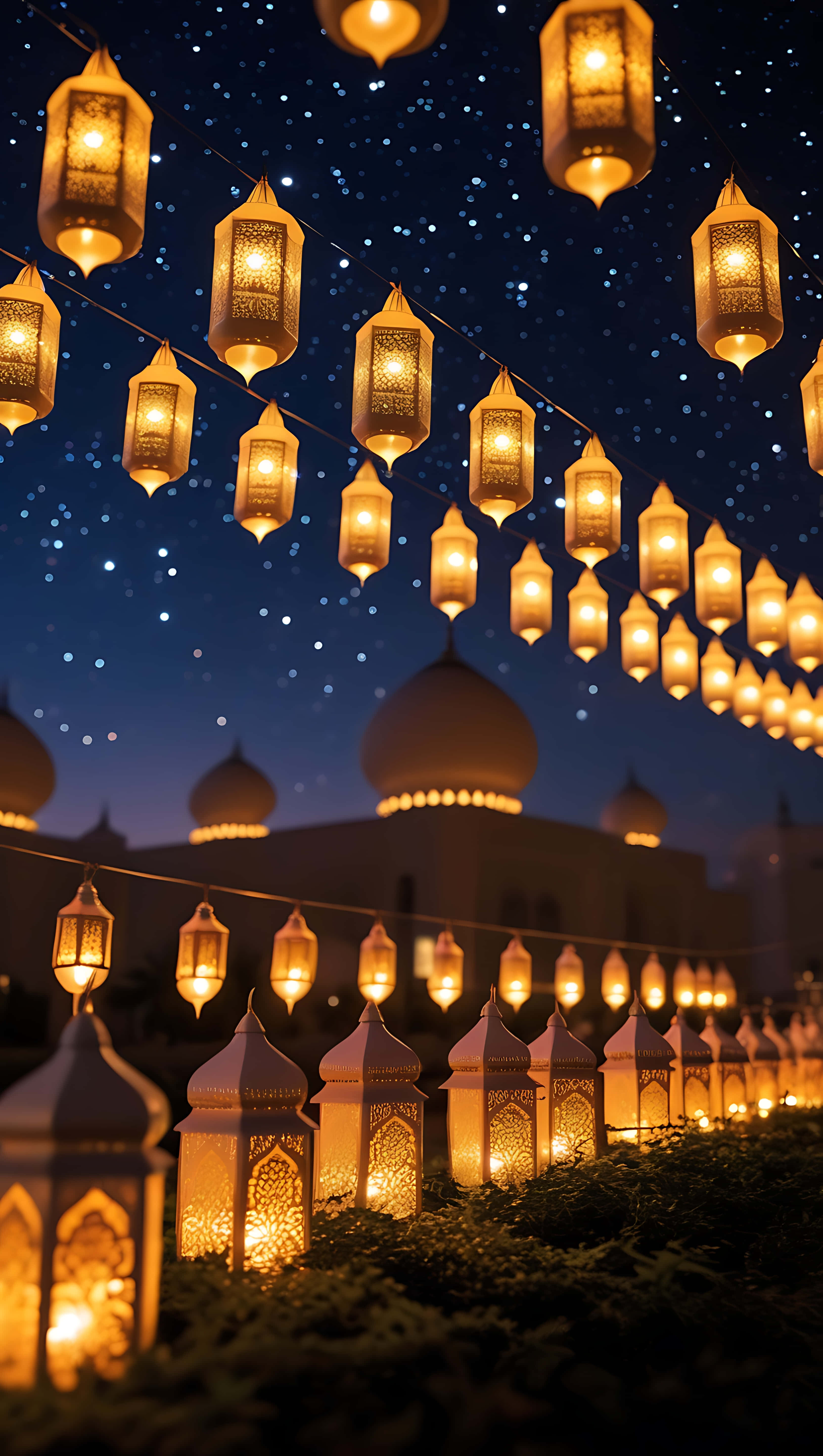 Ramadan Lights, glowing ornate lanterns, starry night sky, 5K Phone Wallpaper