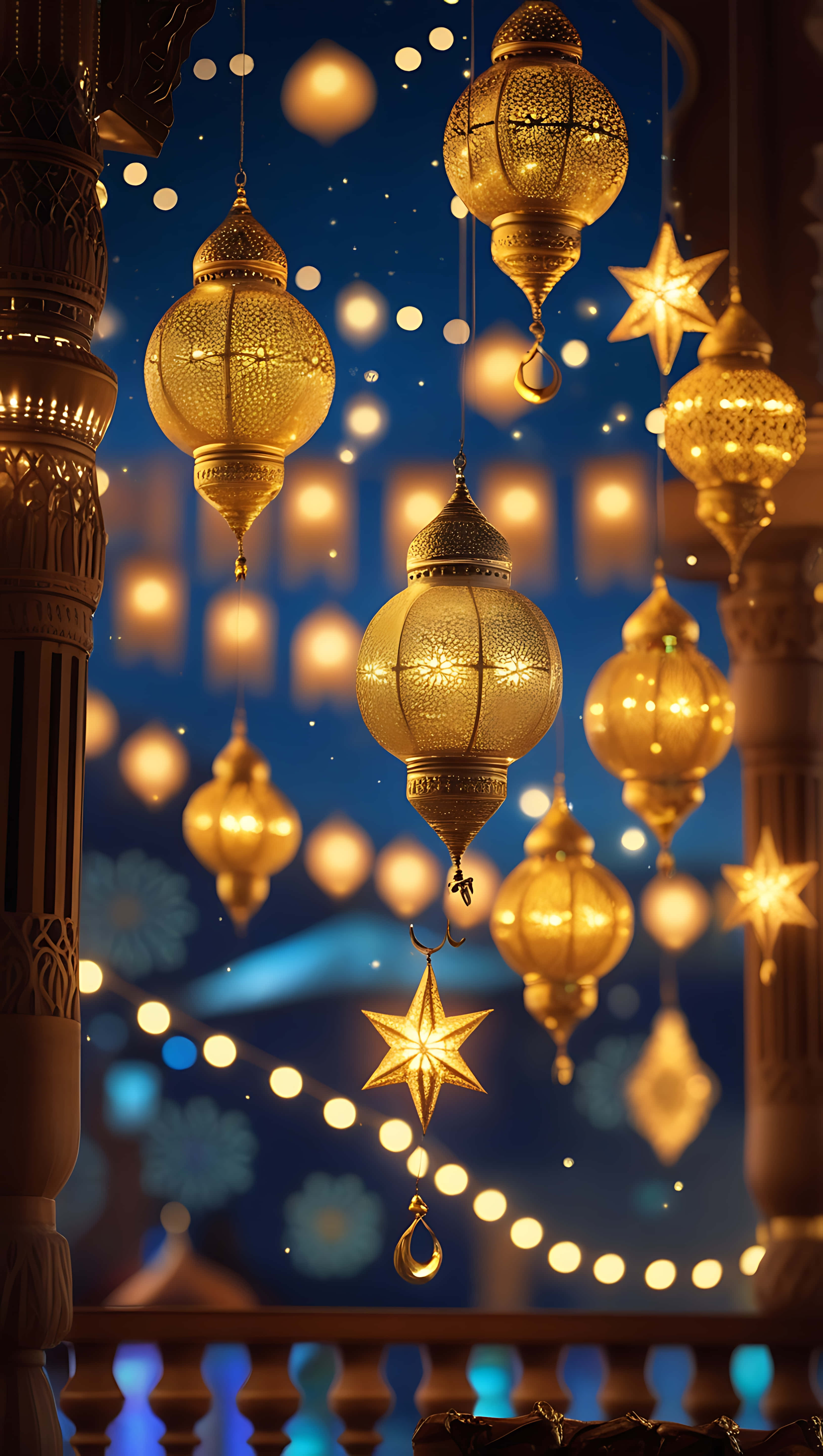 Golden Lights of Ramadan, hanging lantern celebration, deep blue night sky, 5K Phone Wallpaper
