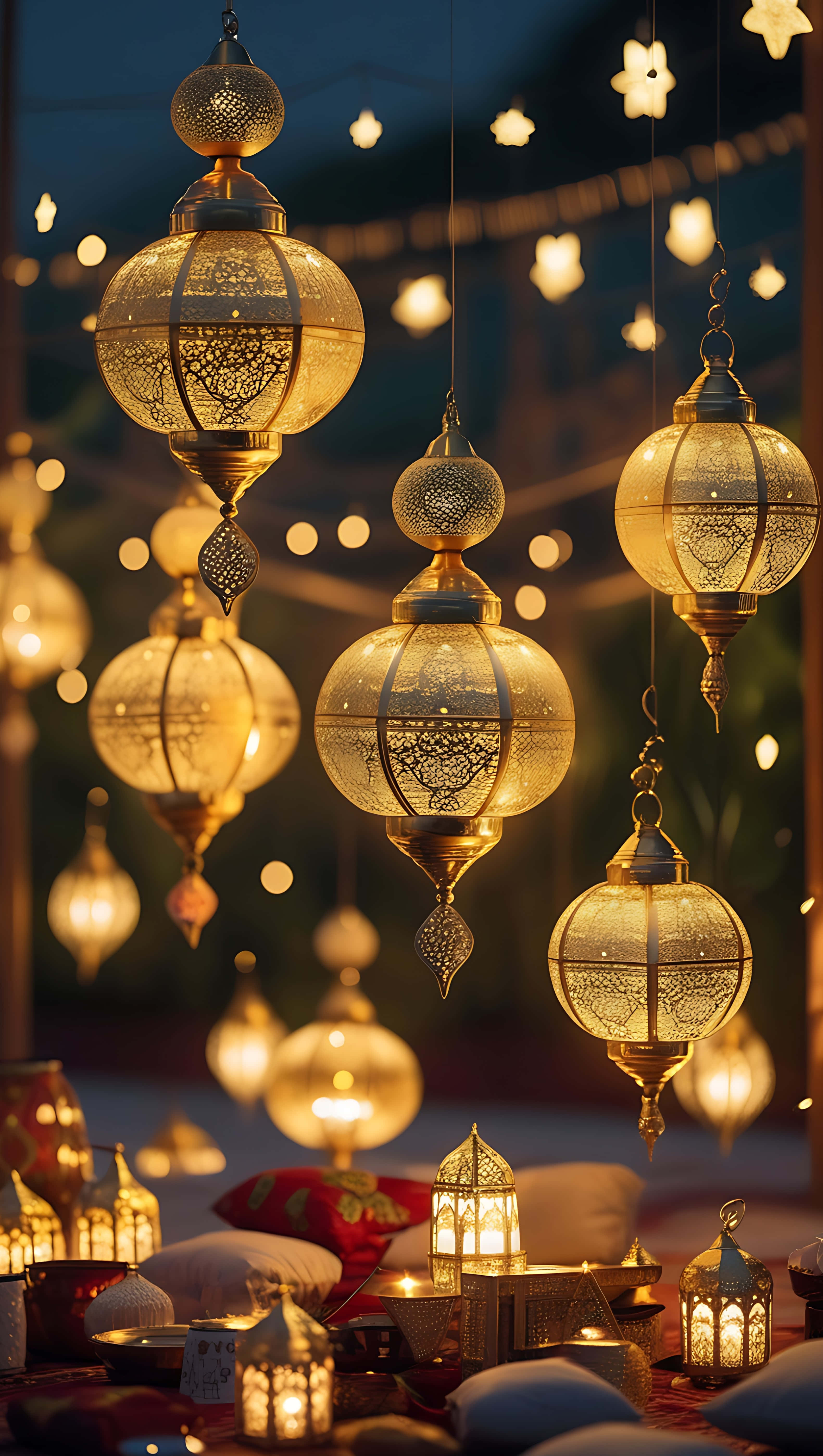 Golden Lights of Ramadan, hanging lantern celebration, golden ornate lanterns, 5K Phone Wallpaper