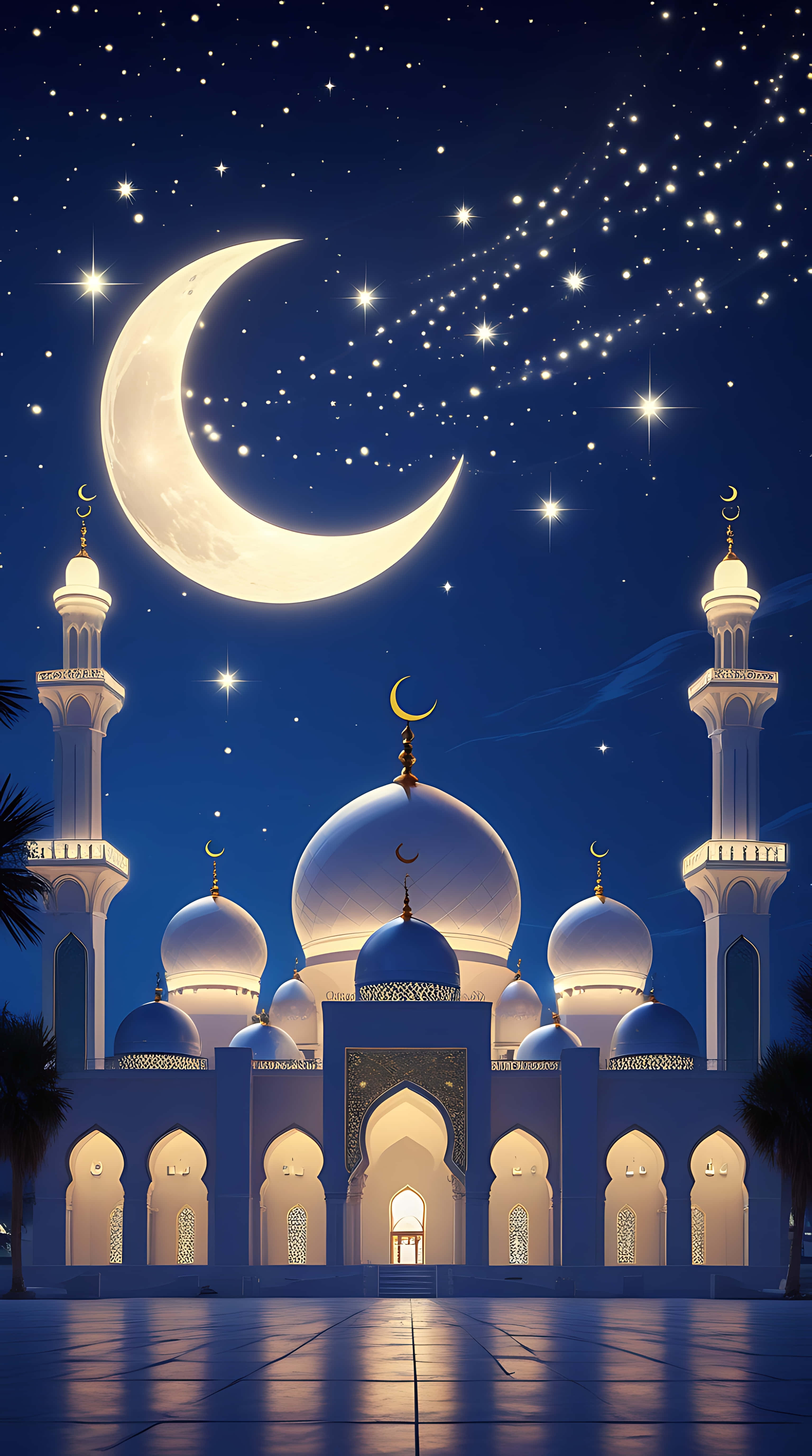 mosque, crescent moon, starry night sky, 5K Phone Wallpaper