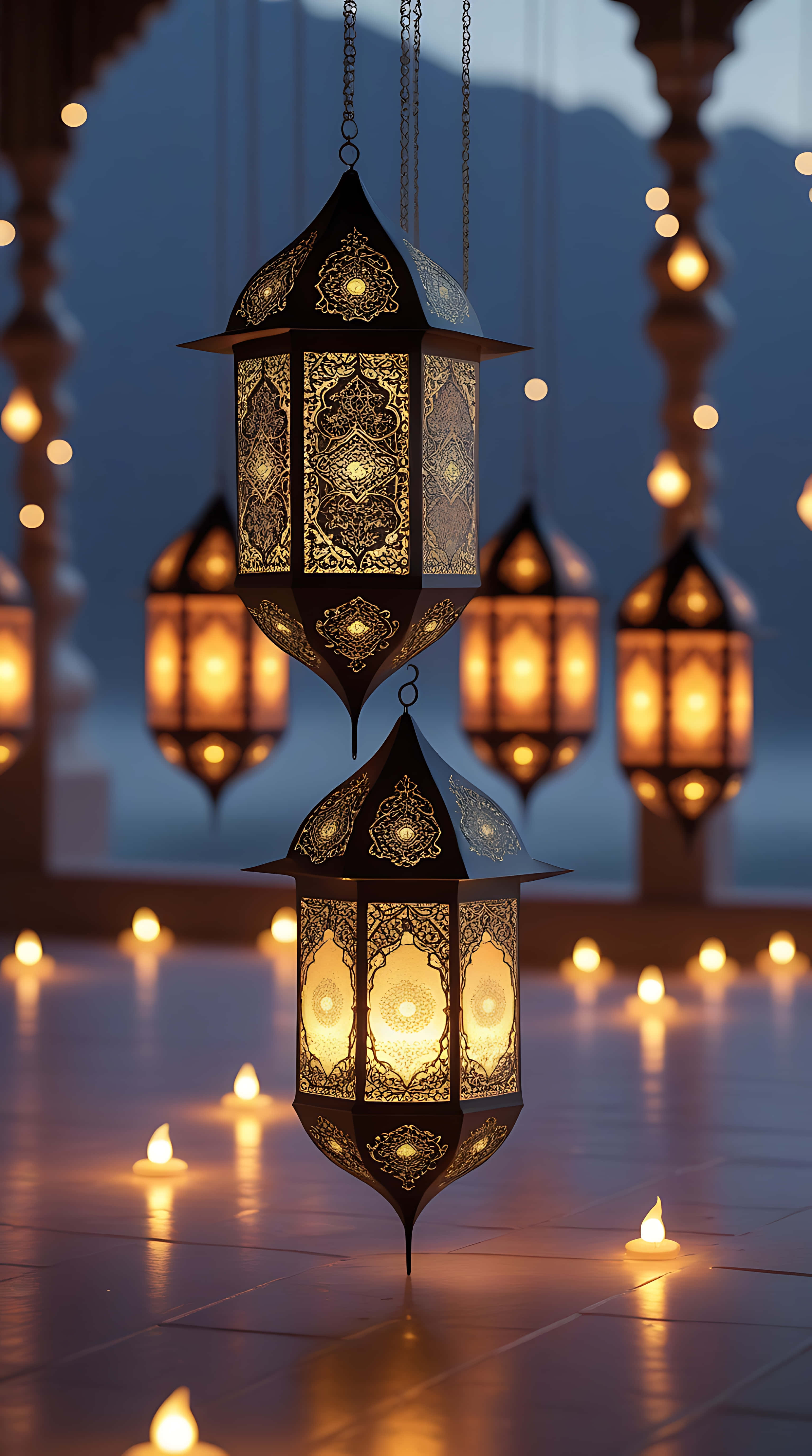 illuminated lanterns, Ramadan, warm golden light, 5K Phone Wallpaper