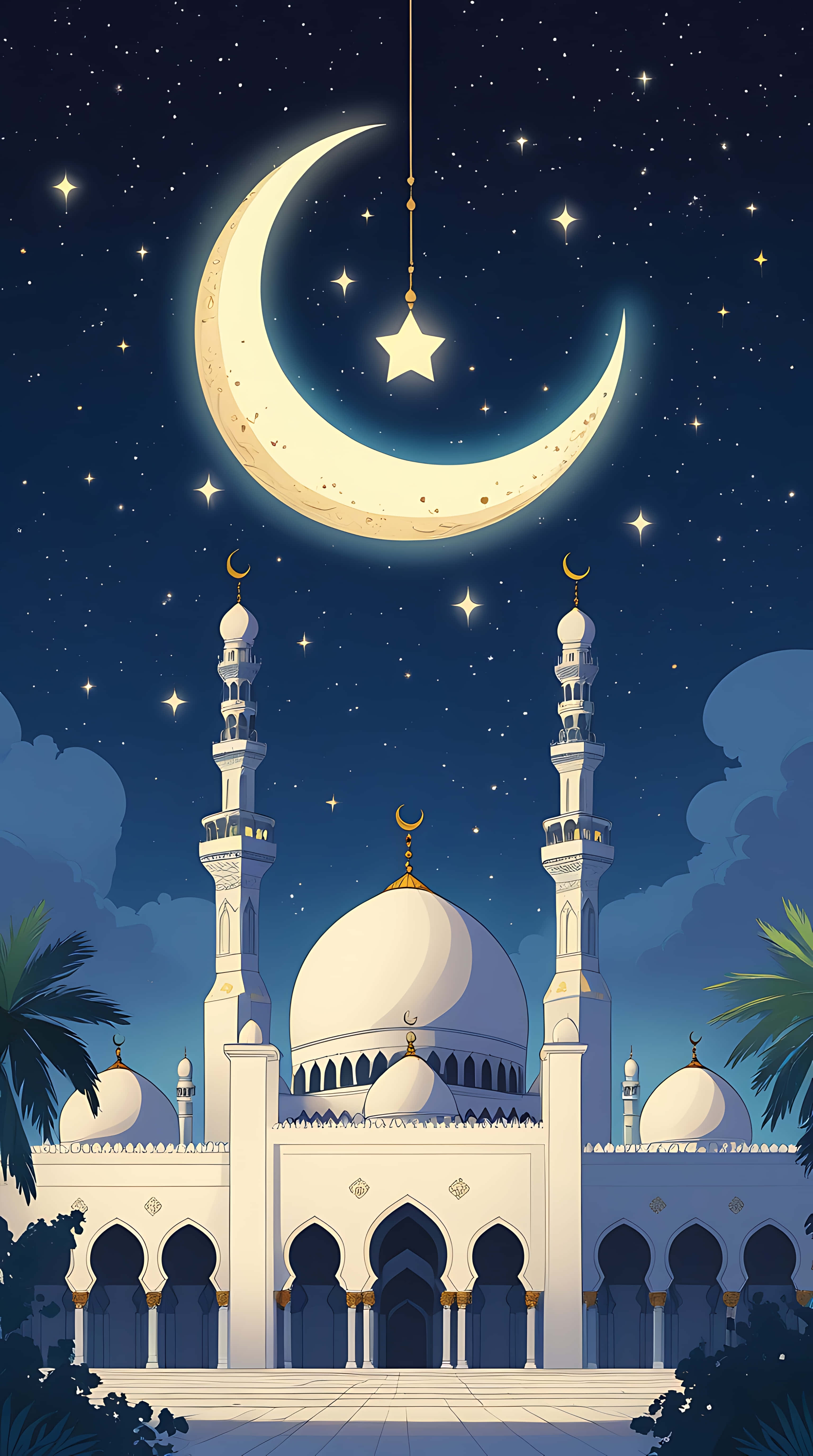 crescent moon, star, white mosque, 5K Phone Wallpaper