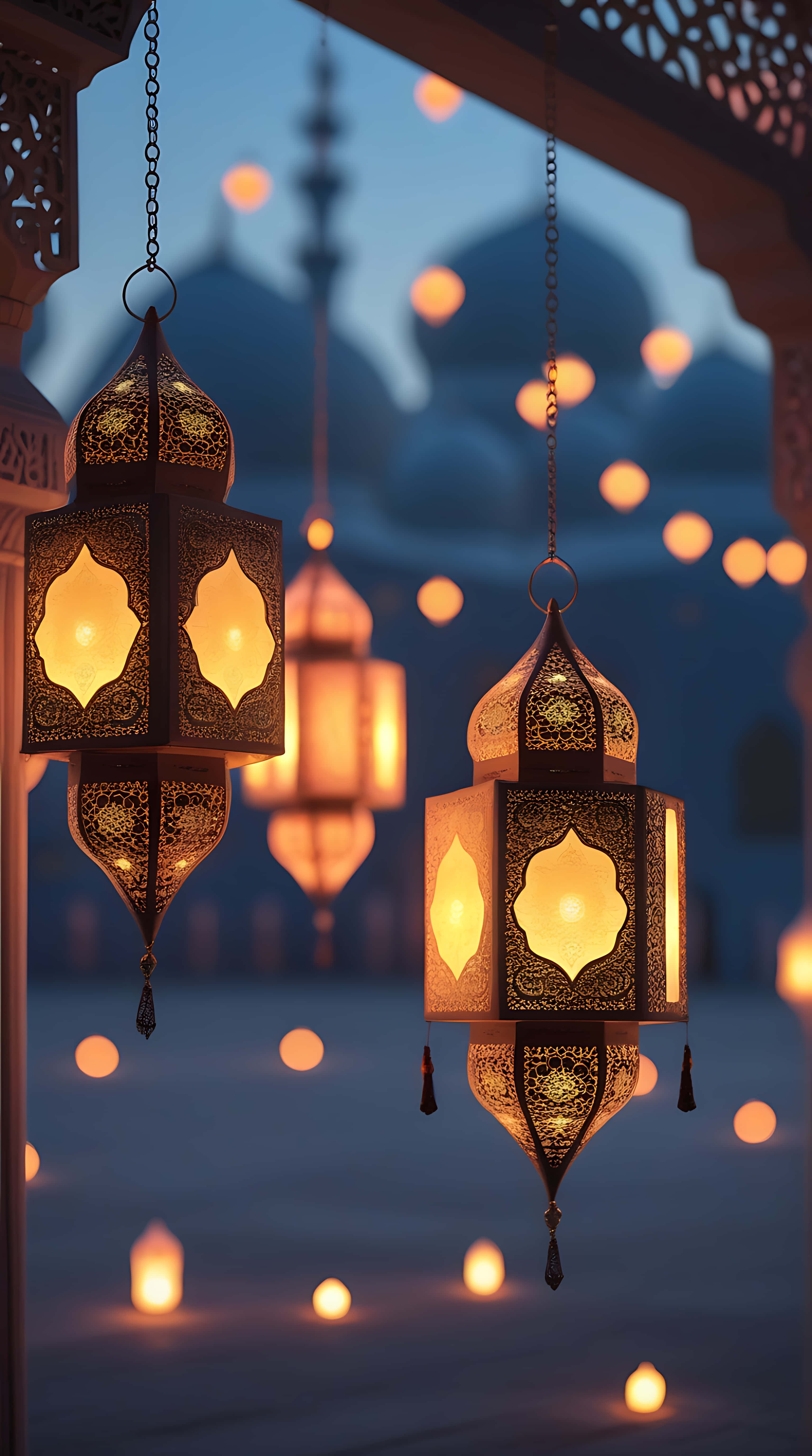 golden ornate lanterns, twilight backdrop, mosque with domes and minarets, 5K Phone Wallpaper