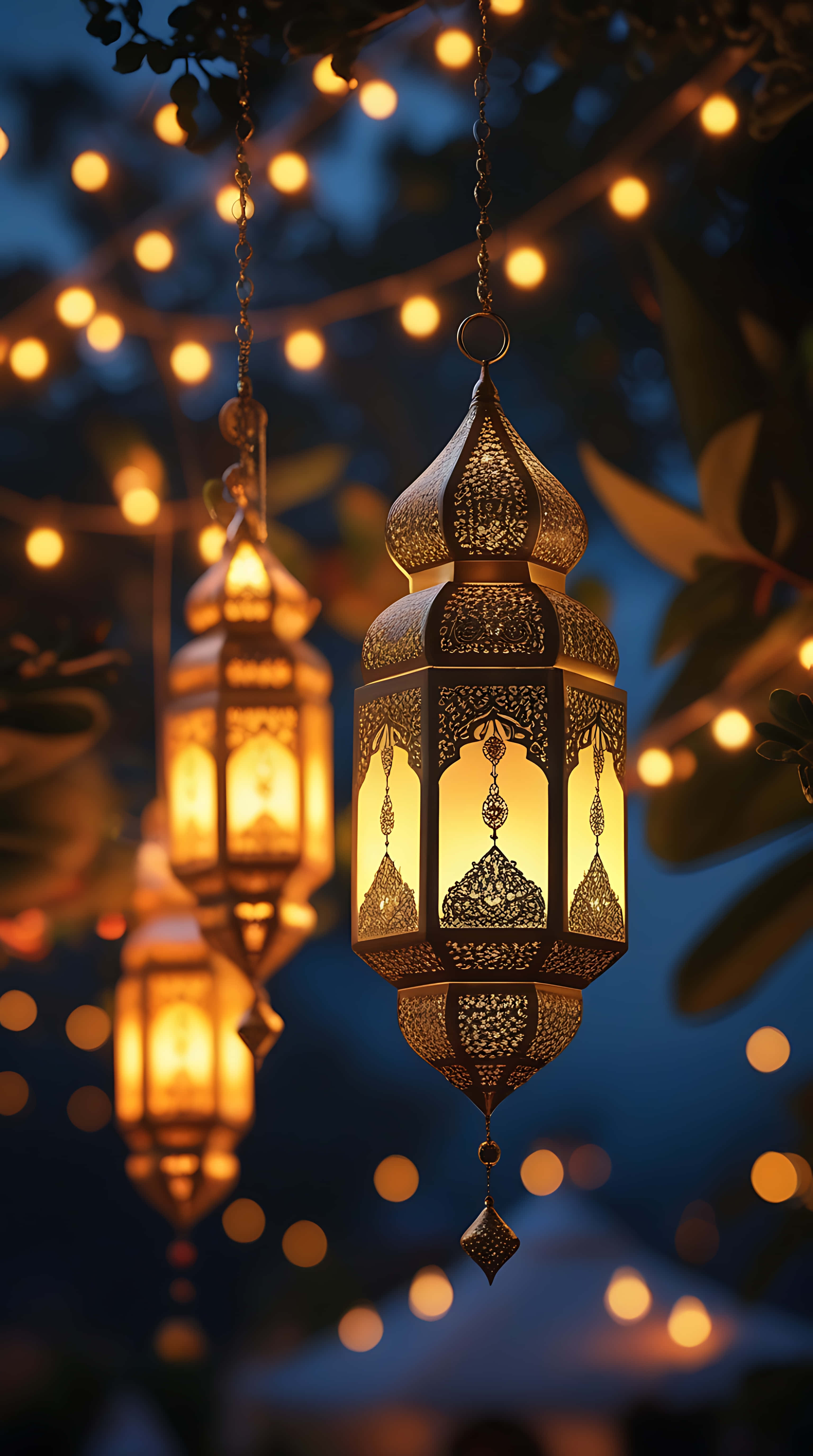 Ramadan, golden ornate lanterns, dark blue night sky, 5K Phone Wallpaper
