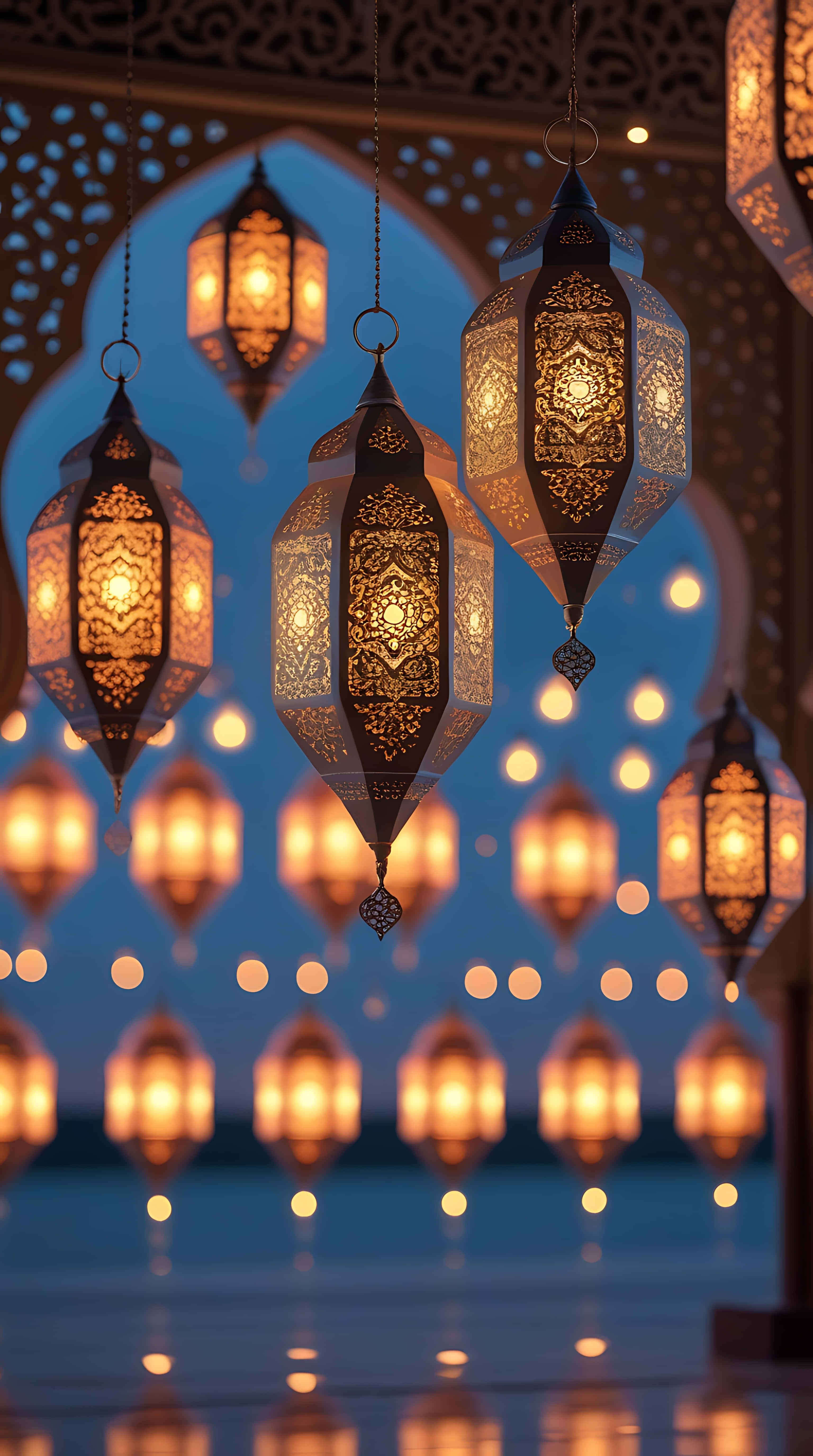 illuminated lanterns, Ramadan, twilight blue sky, 5K Phone Wallpaper