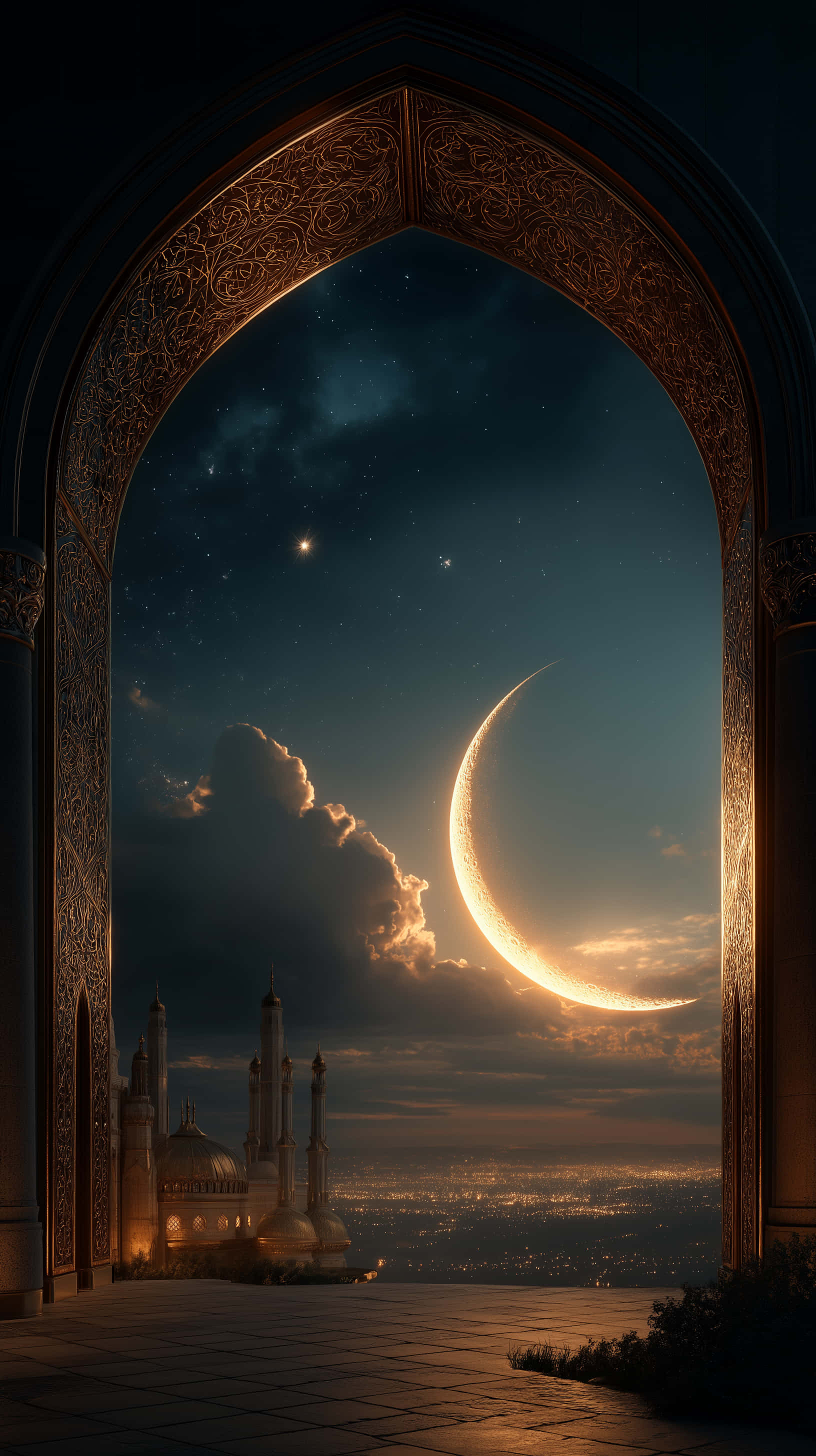 crescent moon, ornate arched doorway, lit mosque, 2K Phone Wallpaper