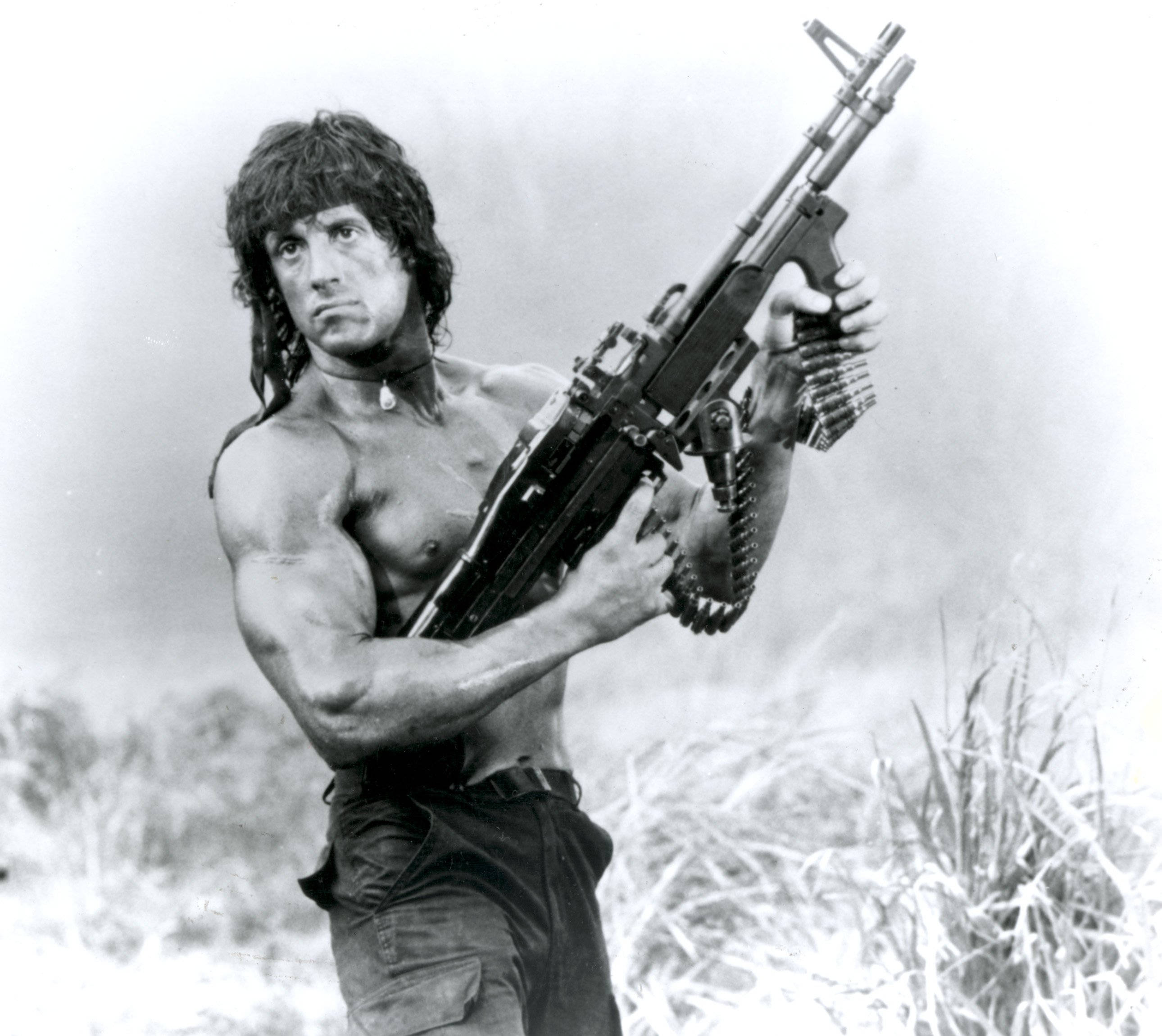 Rambo, black and white, muscular man, 2K Desktop Wallpaper