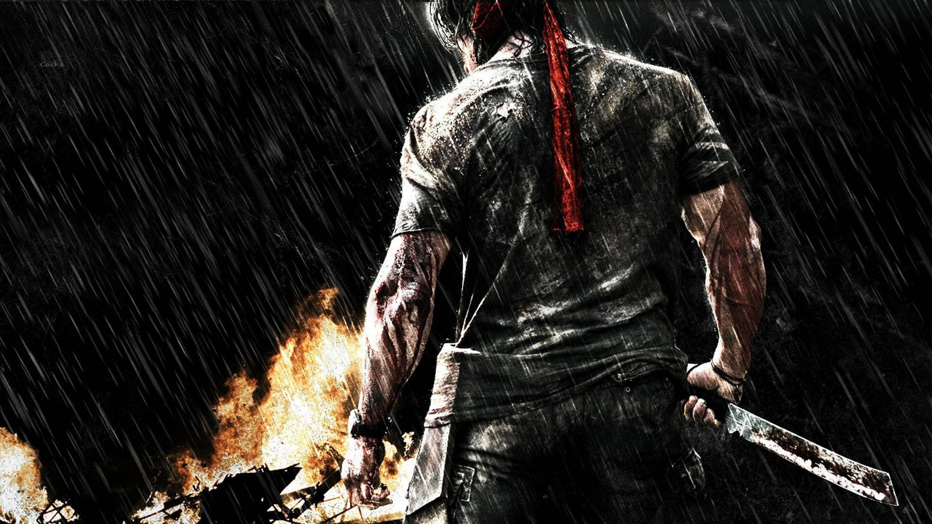 Rambo, red bandana, heavy rain, Full HD Desktop Wallpaper