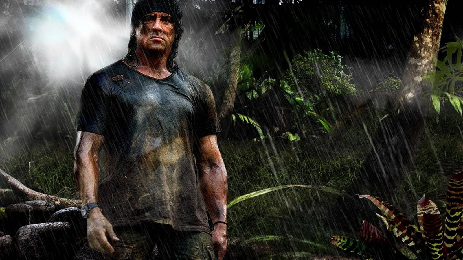 Rambo, rain-soaked jungle, water streaming, HD Desktop Wallpaper