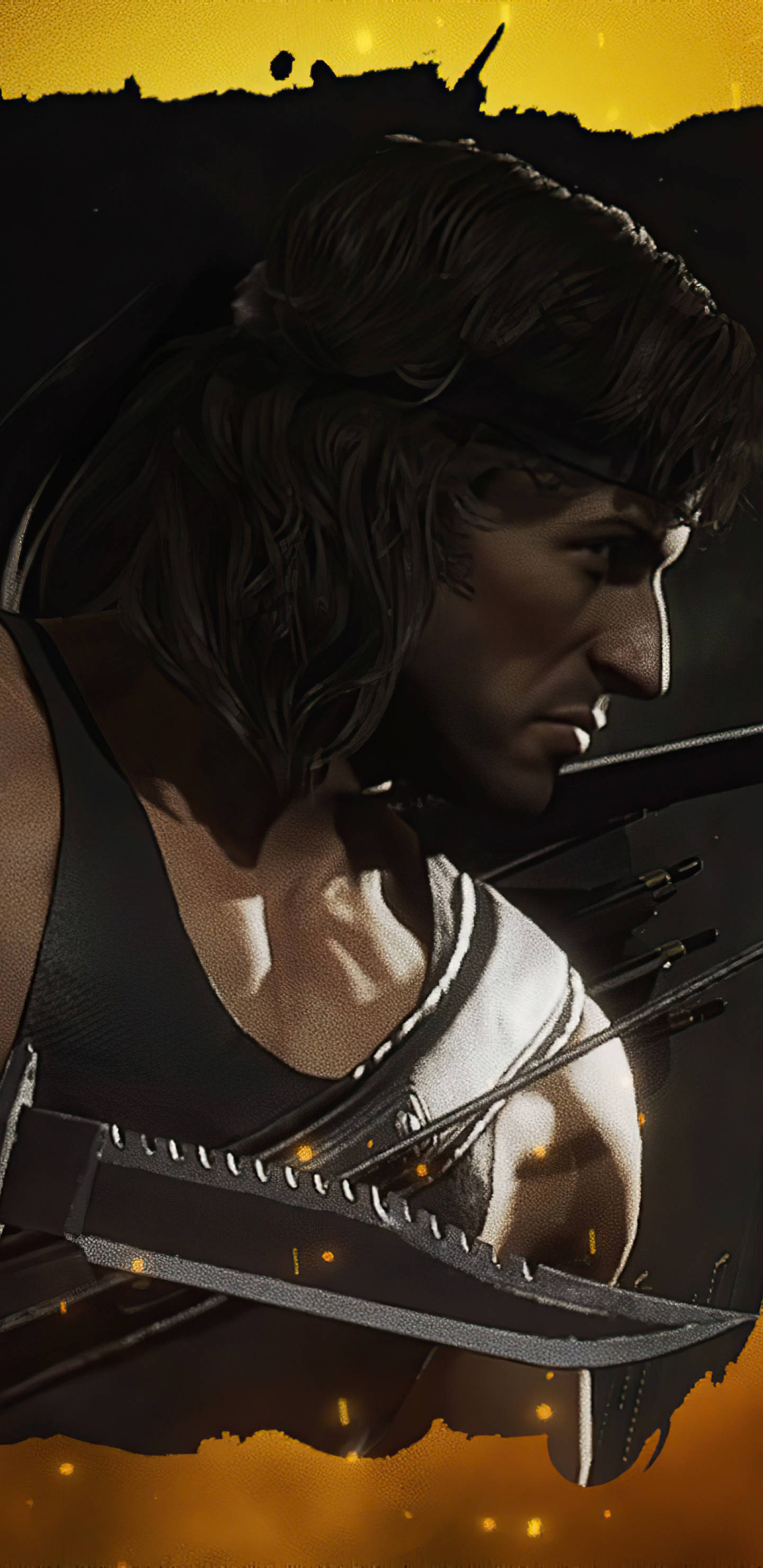 Rambo, curved blade, fiery golden backdrop, 2K Phone Wallpaper