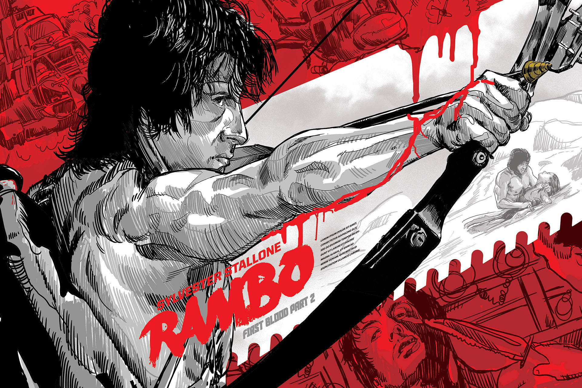 Rambo, comic style, blood-red streaks, Full HD Desktop Wallpaper