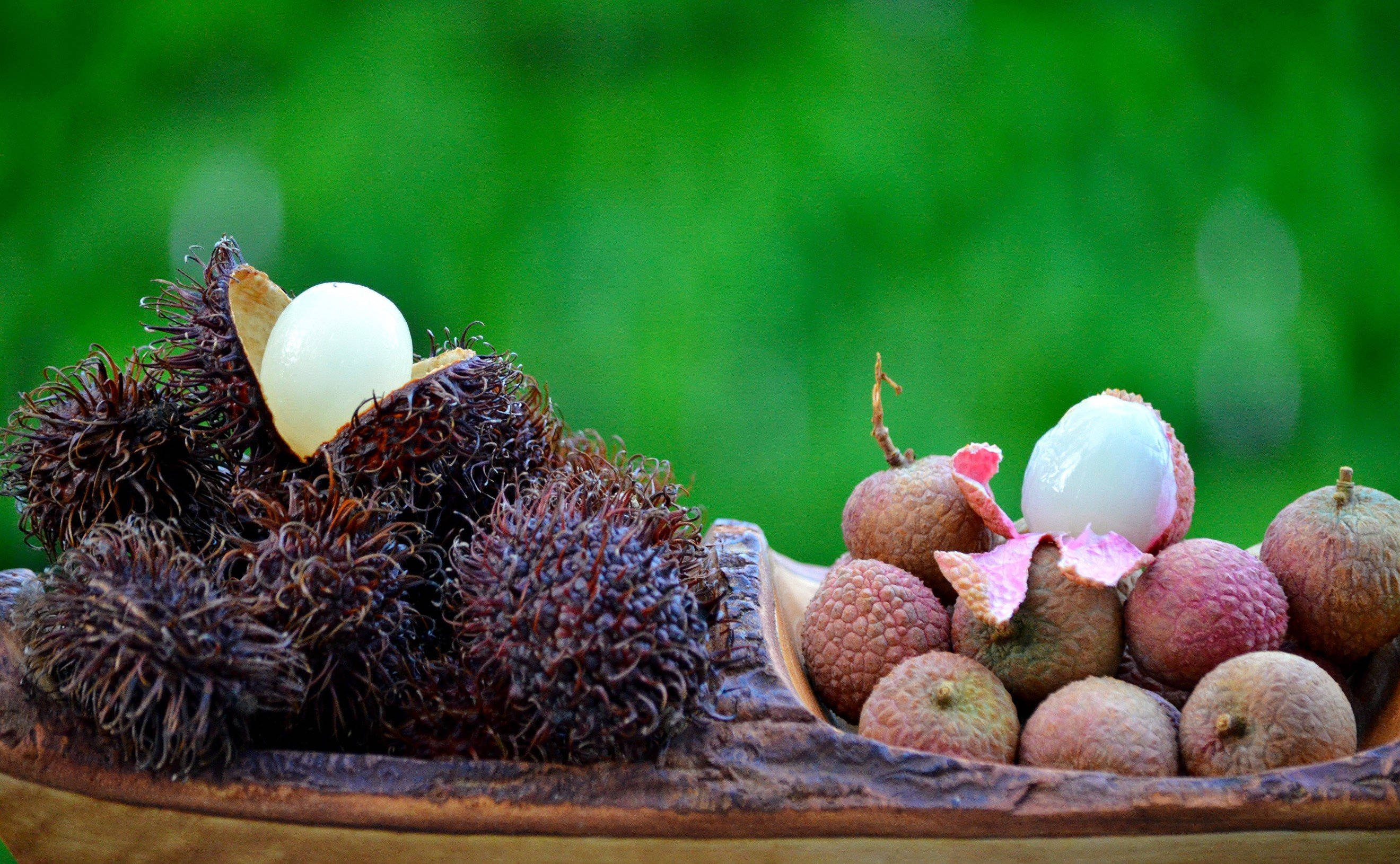 rambutan, lychee, wooden bowl, 2K Desktop Wallpaper