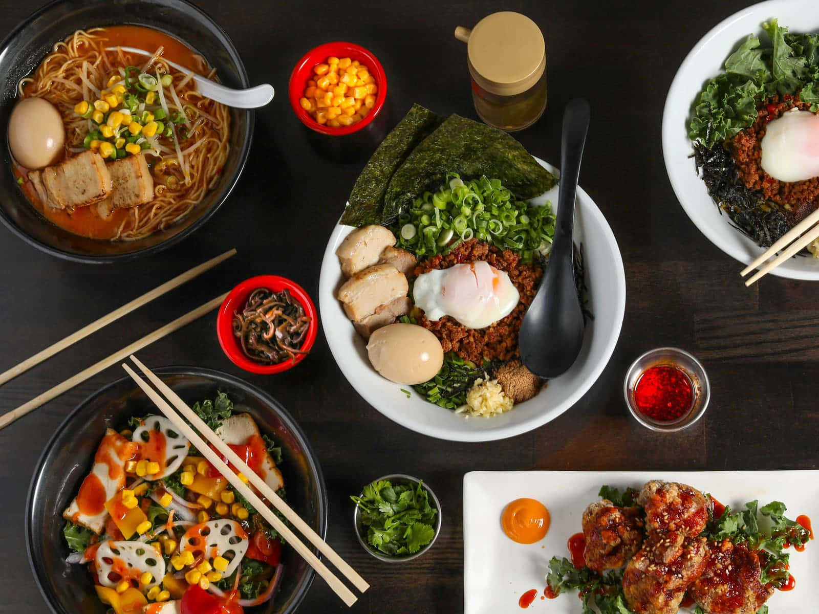 ramen, bibimbap, spicy chicken, HD Desktop Wallpaper