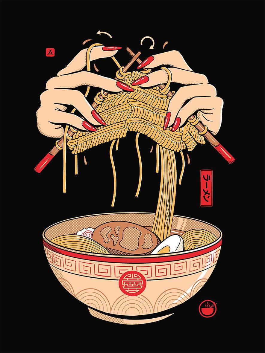 crocheting ramen noodles art, red nails, chopsticks, SD Phone Wallpaper