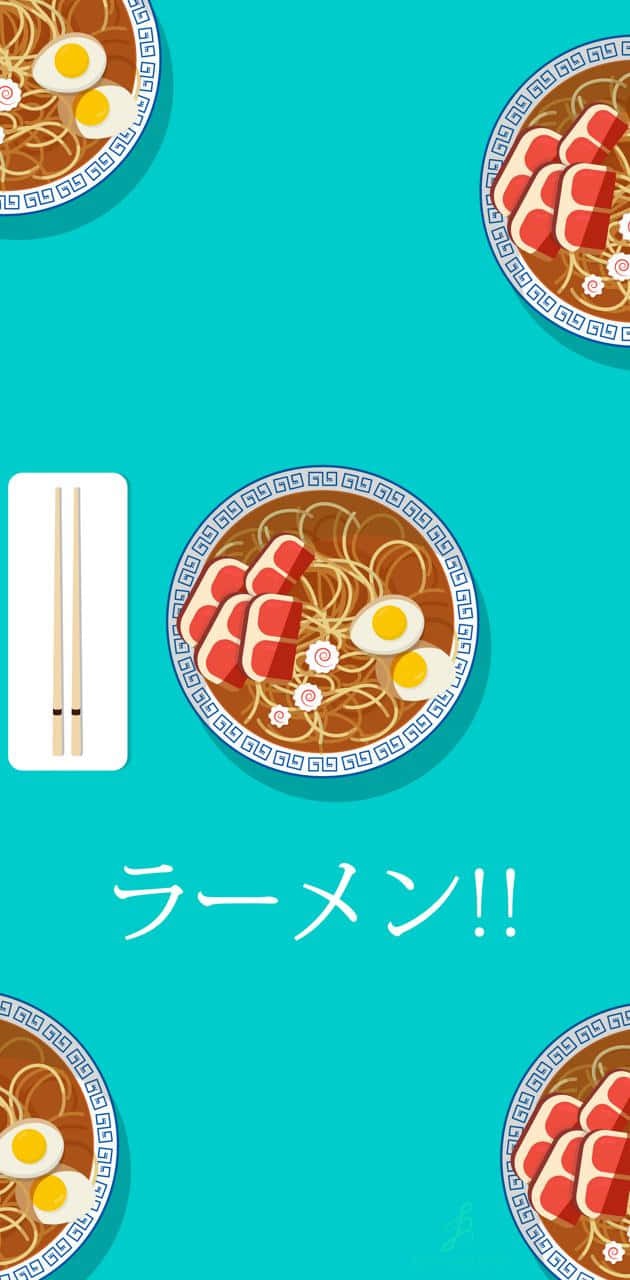 cute ramen artwork, bright turquoise background, repeating flat-design ramen bowls, HD Phone Wallpaper