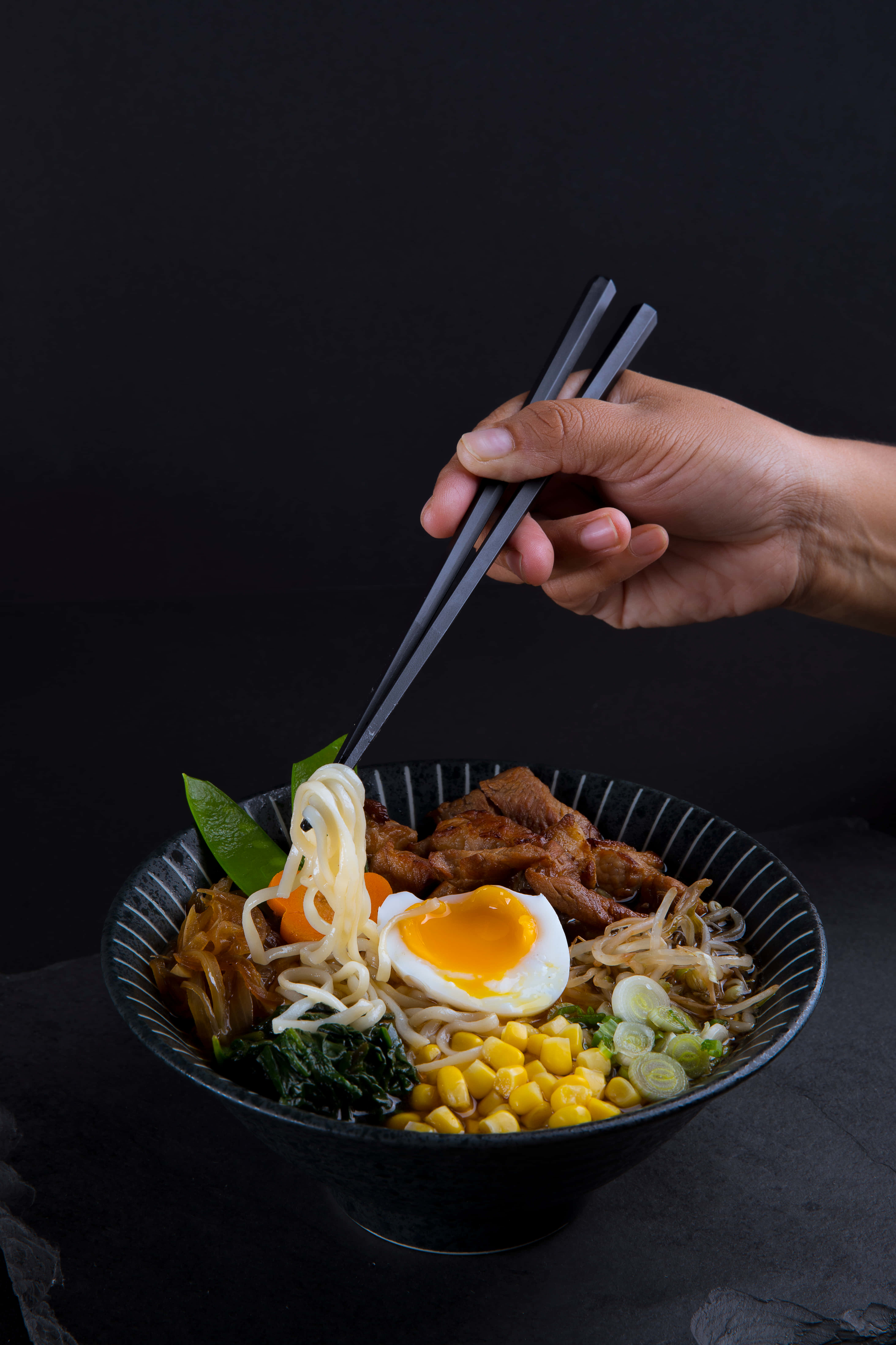 chopsticks, steaming bowl of ramen, soft-boiled egg, 5K Phone Wallpaper