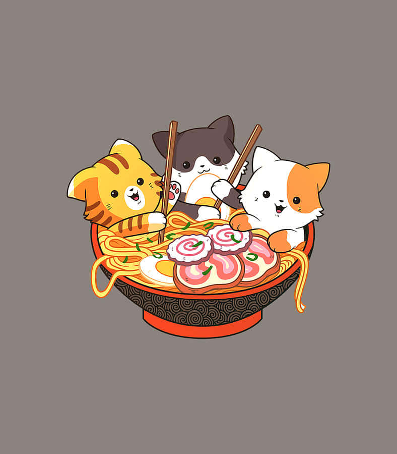 cute kawaii cats, ramen noodles, steaming bowl, SD Phone Wallpaper
