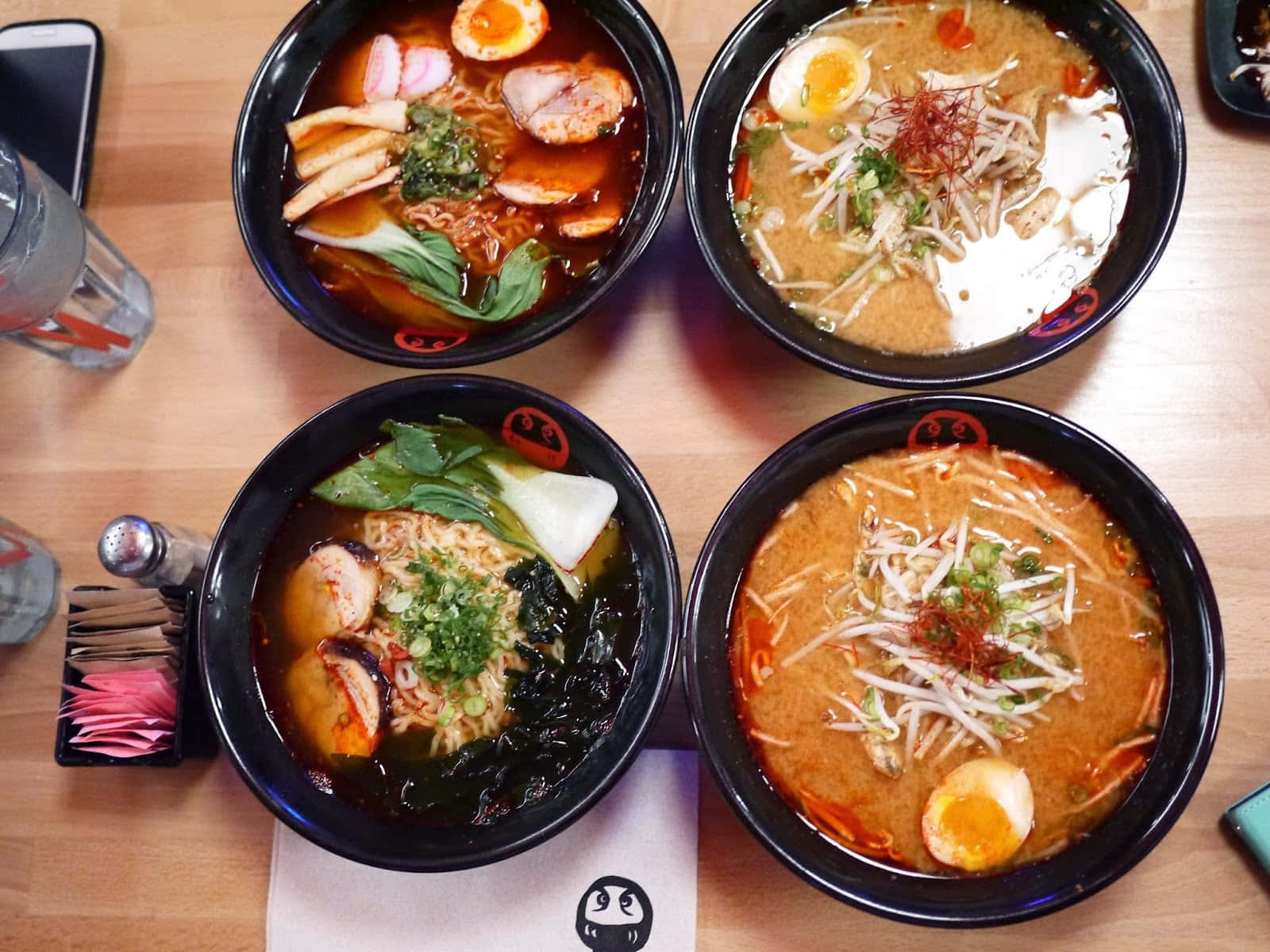 four bowls of ramen noodles, steaming bowls of ramen, soft-boiled eggs, HD Desktop Wallpaper