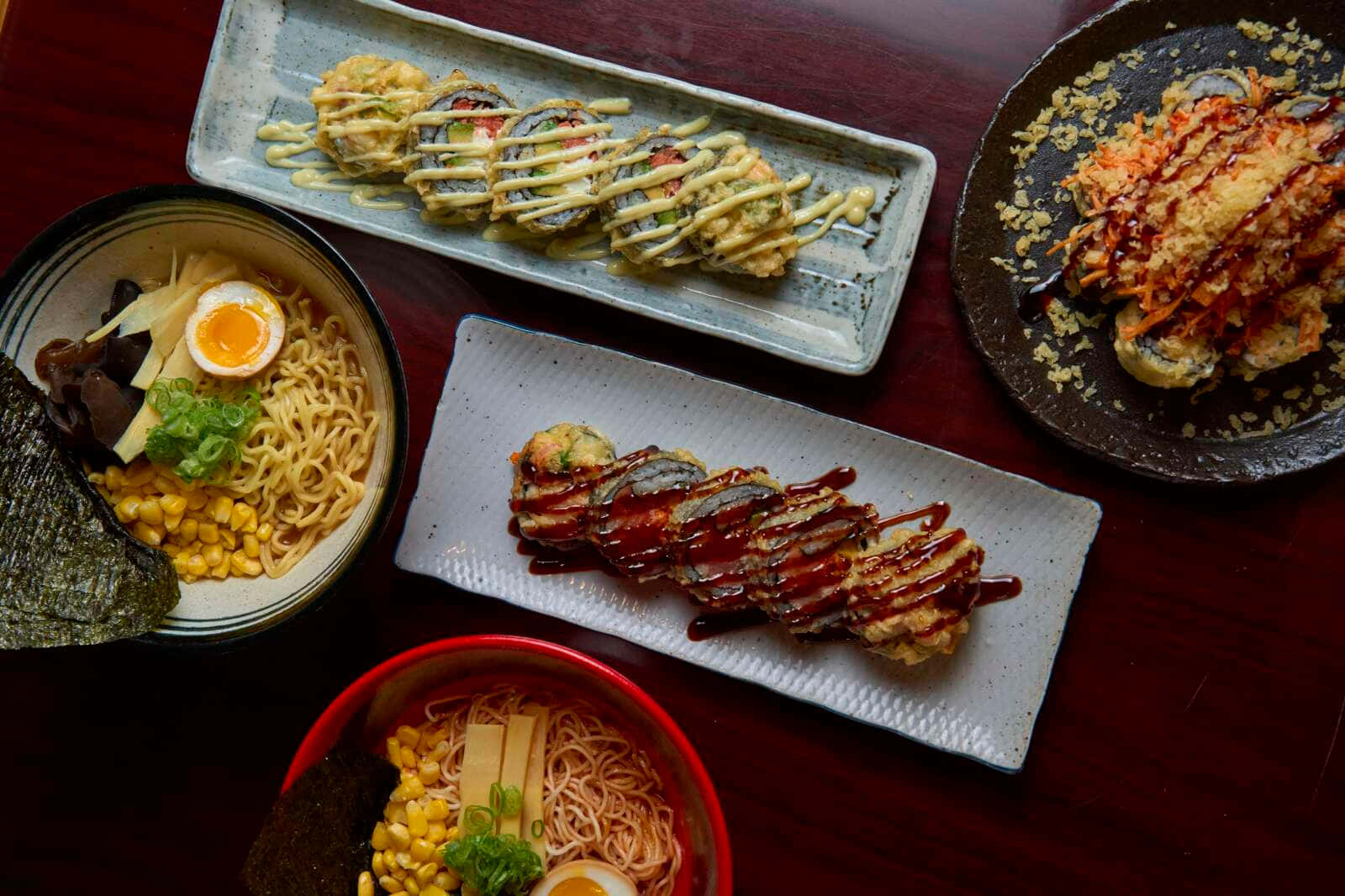 ramen bowls, tempura rolls, dark wooden table, HD Desktop Wallpaper