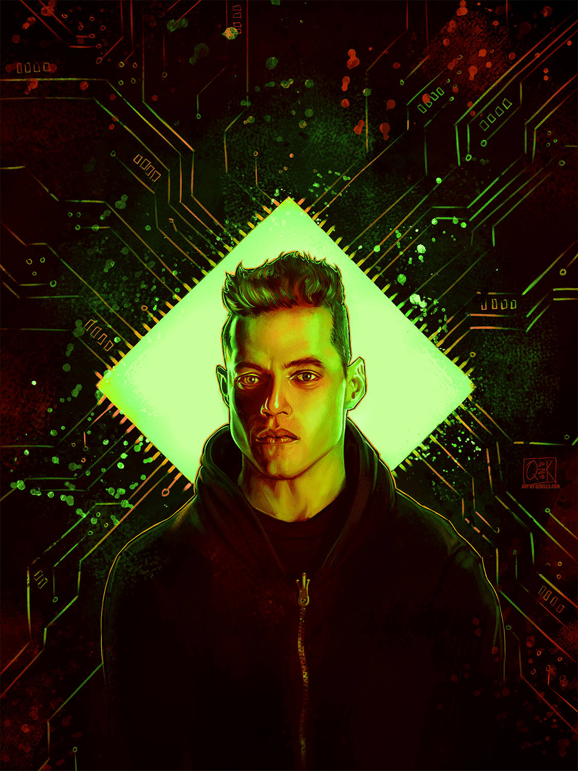 Rami Malek, hoodie, glowing green circuitry, HD Phone Wallpaper