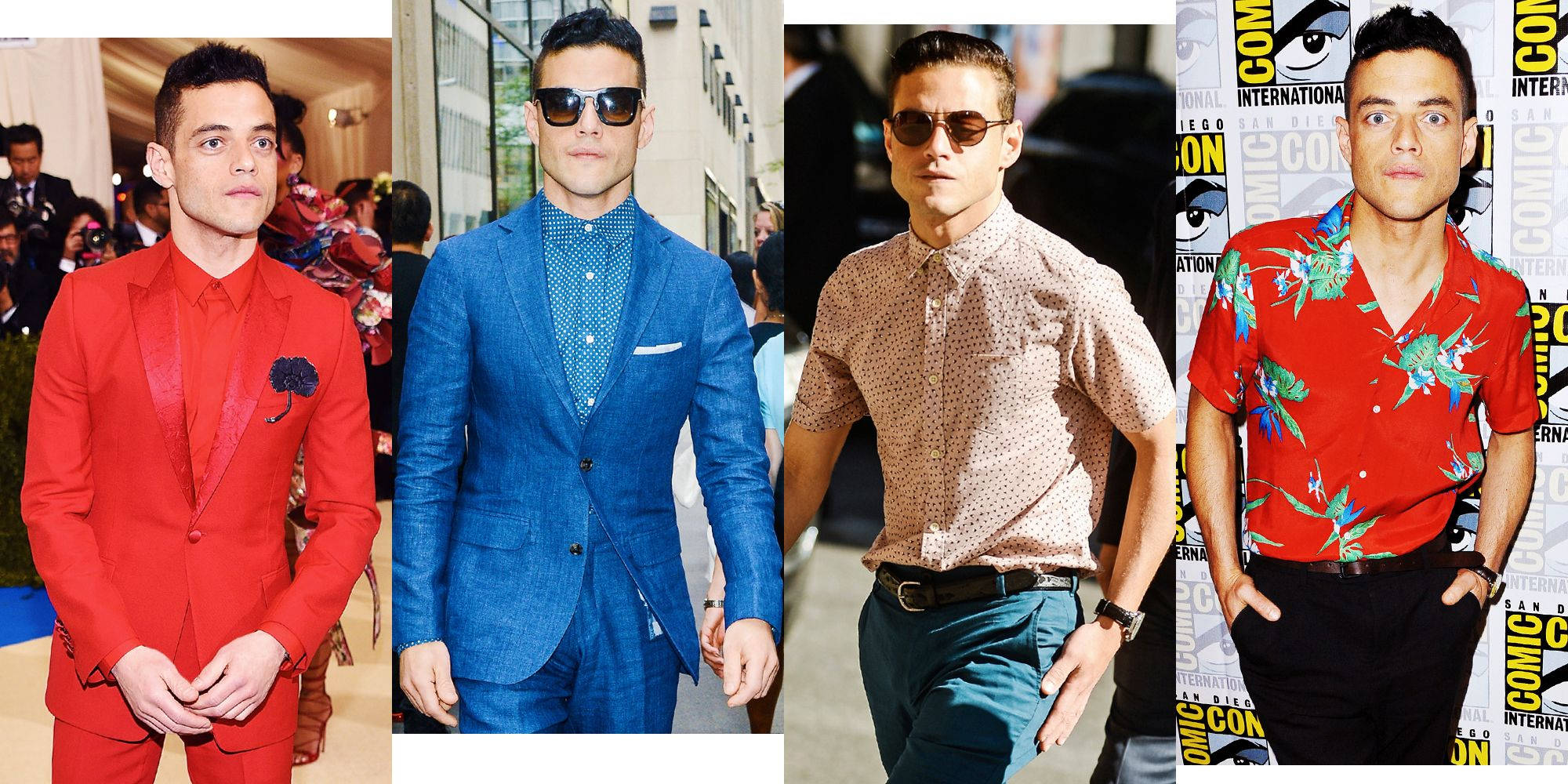 Rami Malek, red suit, blue suit, Full HD Desktop Wallpaper