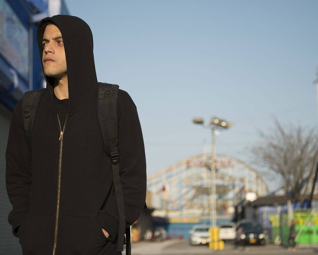 Rami Malek, black hoodie, carnival, HD Desktop Wallpaper
