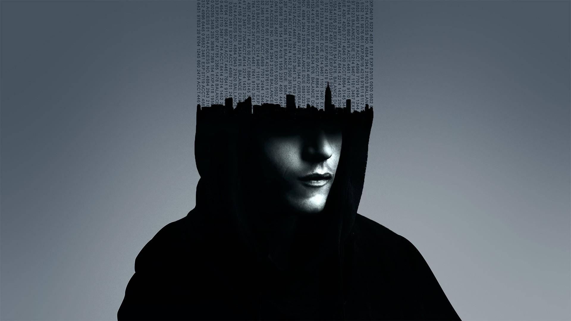 Rami Malek, hooded figure, city skyline silhouette, Full HD Desktop Wallpaper