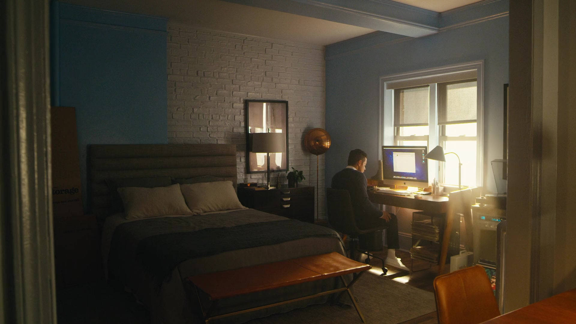 Rami Malek, iMac, blue bedroom, Full HD Desktop Wallpaper