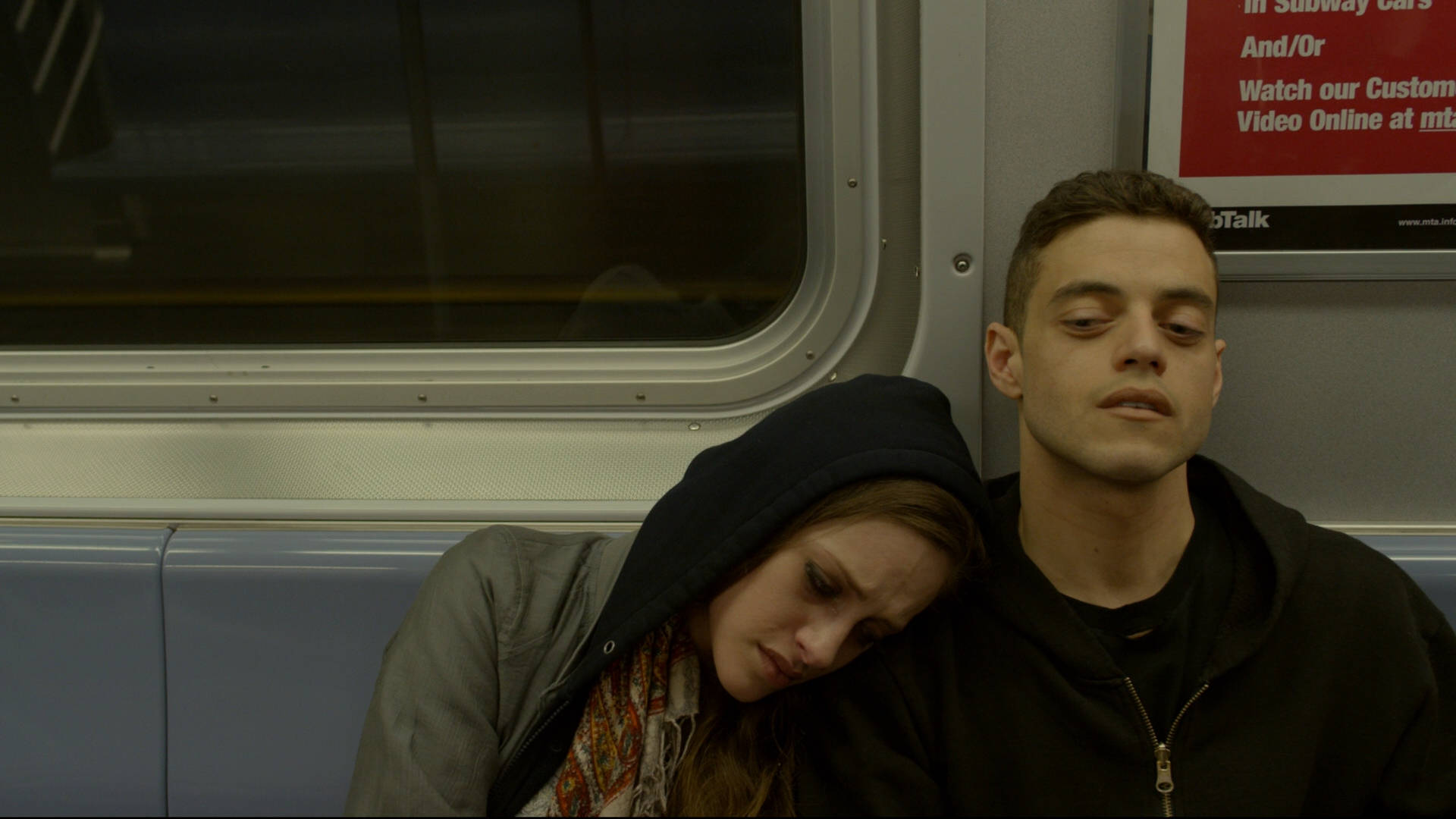 Rami Malek, subway bench, dim interior lighting, Full HD Desktop Wallpaper
