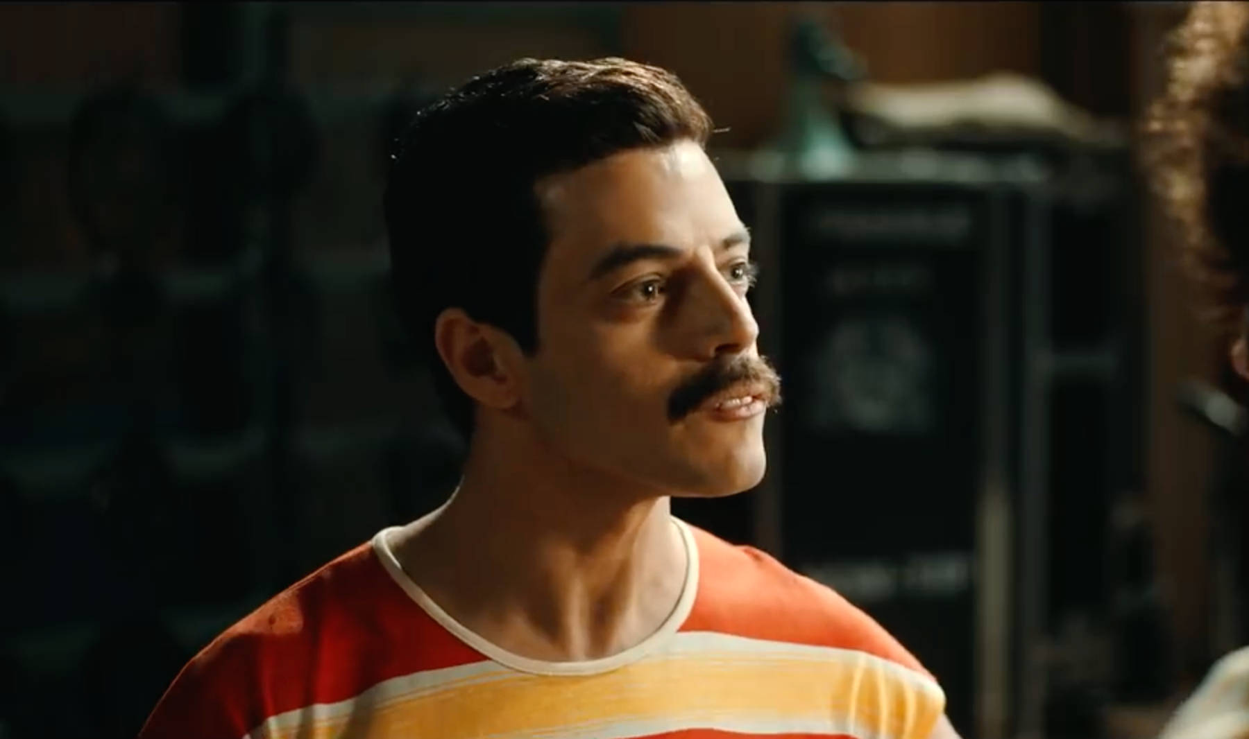 Rami Malek, striped shirt, dimly lit room, HD Desktop Wallpaper
